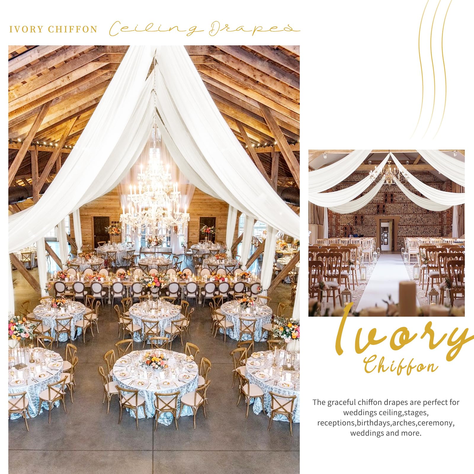 Lot de 4 rideaux de plafond en mousseline de soie transparente pour mariage, plafond, fête, cérémonie, scène, 1,5 x 3 m, ivoire