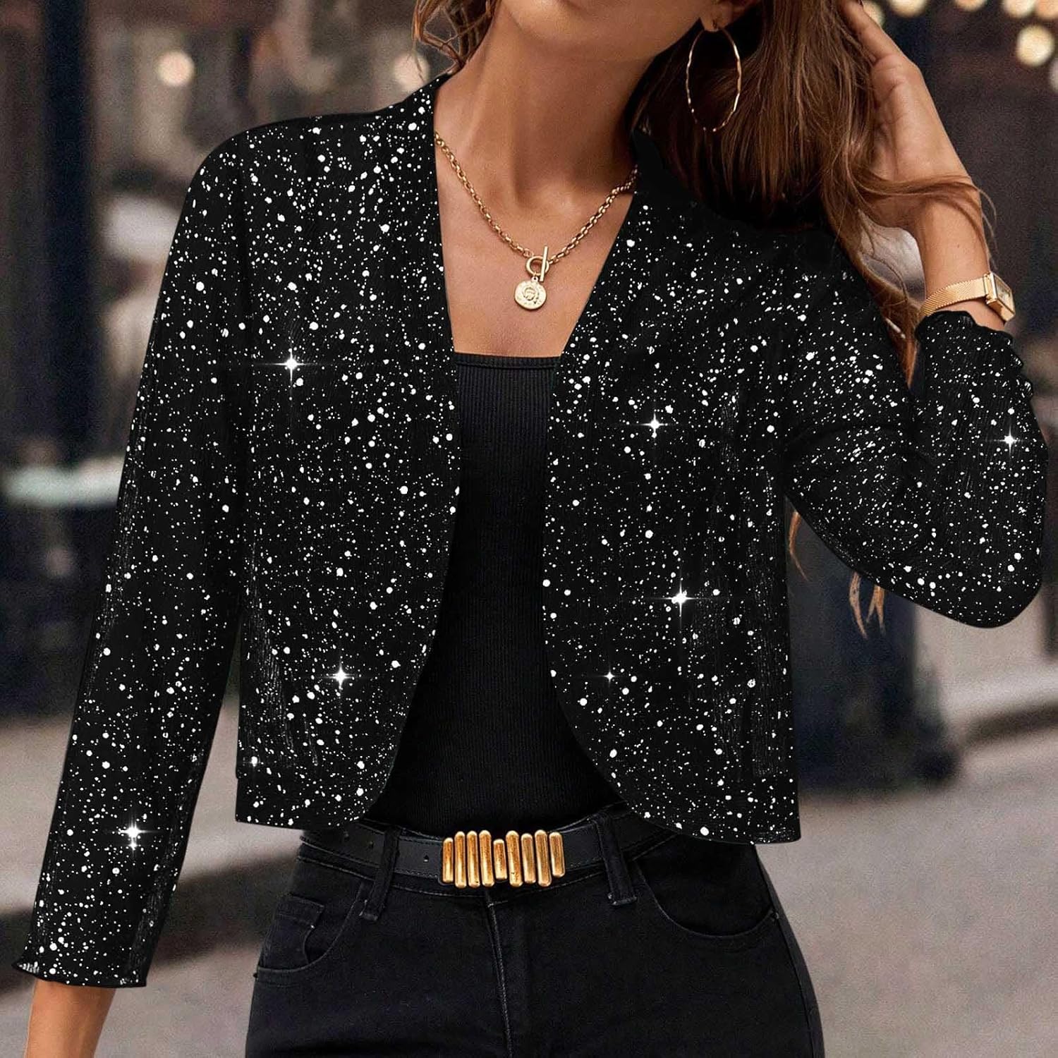 Womens Sequin Jackets 3/4 Sleeve Open Front Sparkly Blazer Jacket Shiny Bling Dressy Casual Holiday Party Coat - Image 9