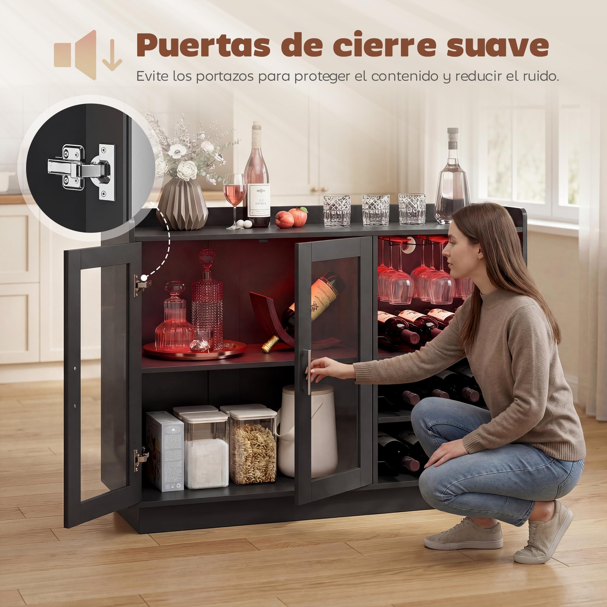 HOMCOM Mueble de Bar, Armario Buffet para Vinos con Luces LED RGB y Botellero para 12 Botellas, Aparador de Cocina con Estante Ajustable y Puertas de Cierre Suave, para Comedor, Salón, Negro