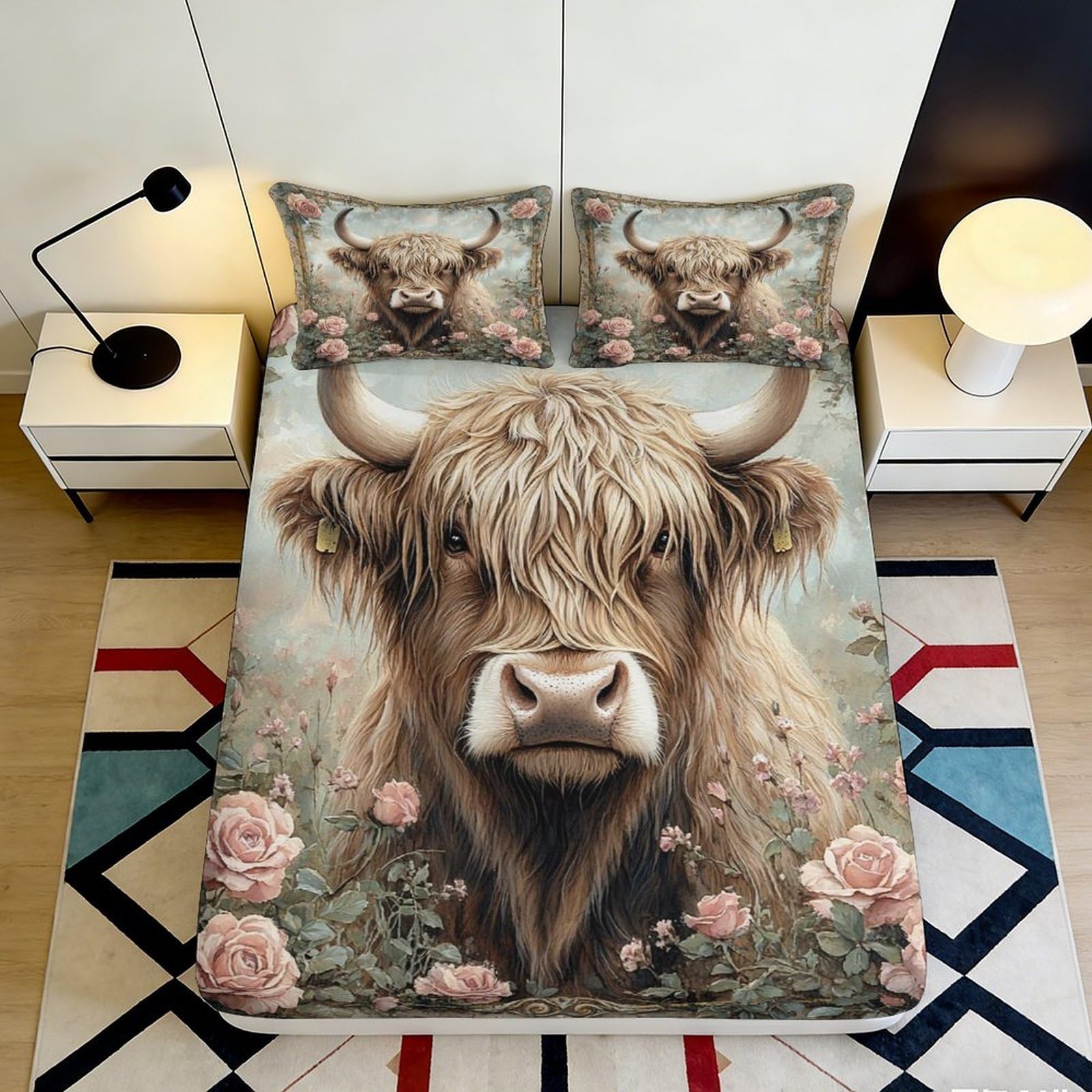 3D Printed Highland Cow Fitted Sheet Microfiber Soft Durable Floral Bed Cover for Bedroom Dormitory Guest Room Mattress Protection Decoration 160x200x25cm