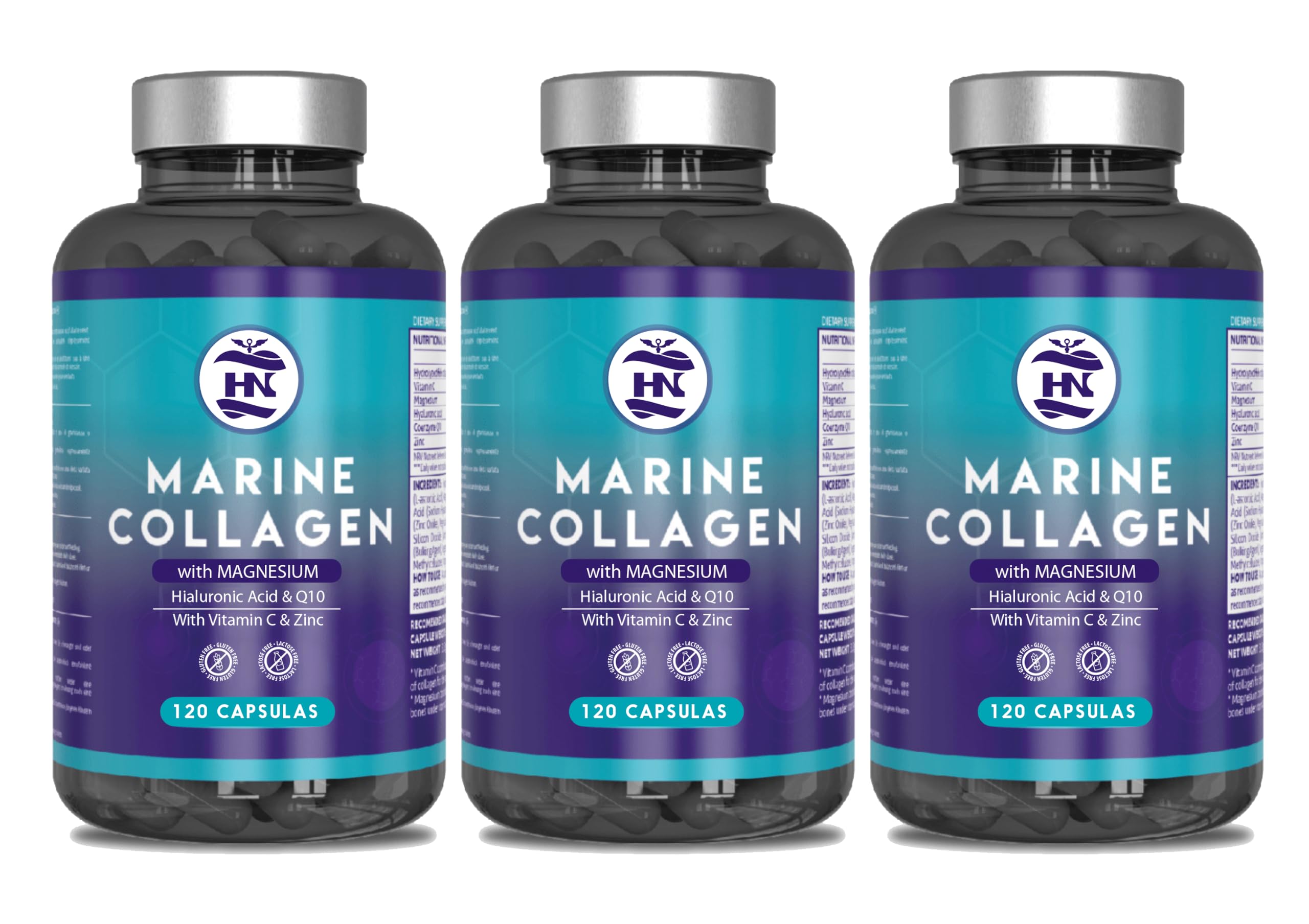 Colageno Marino Hidrolizado Puro con Acido Hialuronico, Vitamina C, Coéncima Q10 y Zinc, Marine Collagen, Colágeno Marino con Acido Hialurónico (120 Caps x 3 botes)