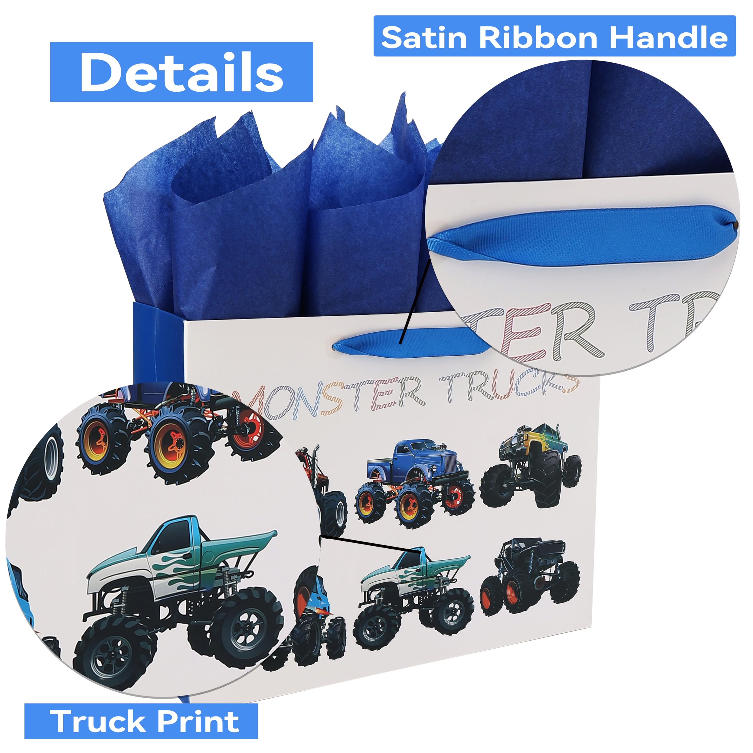 13" Large Birthday Gift Bags Set with Greeting Card and Tissue Paper (Monster Trucks Design) for boys, Kids, Baby boy,Baby Shower,Newborn,New Moms or Parents -13”x5.2”x10.2”, 1 Pcs