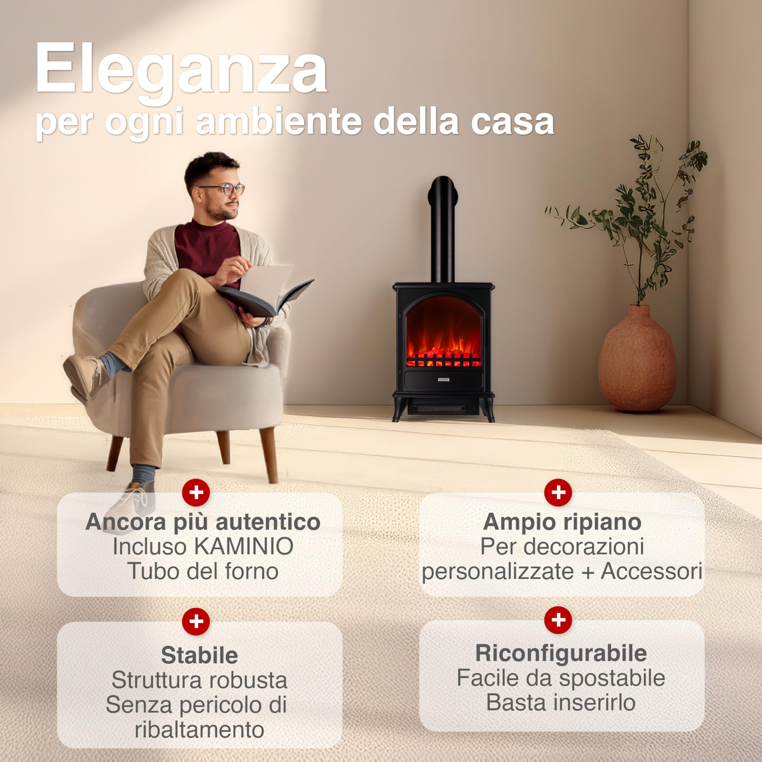 KAMINIO Camino elettrico LENI con tubo del camino - Stufa elettrica con riscaldamento, effetto fiamma 3D (Nero)