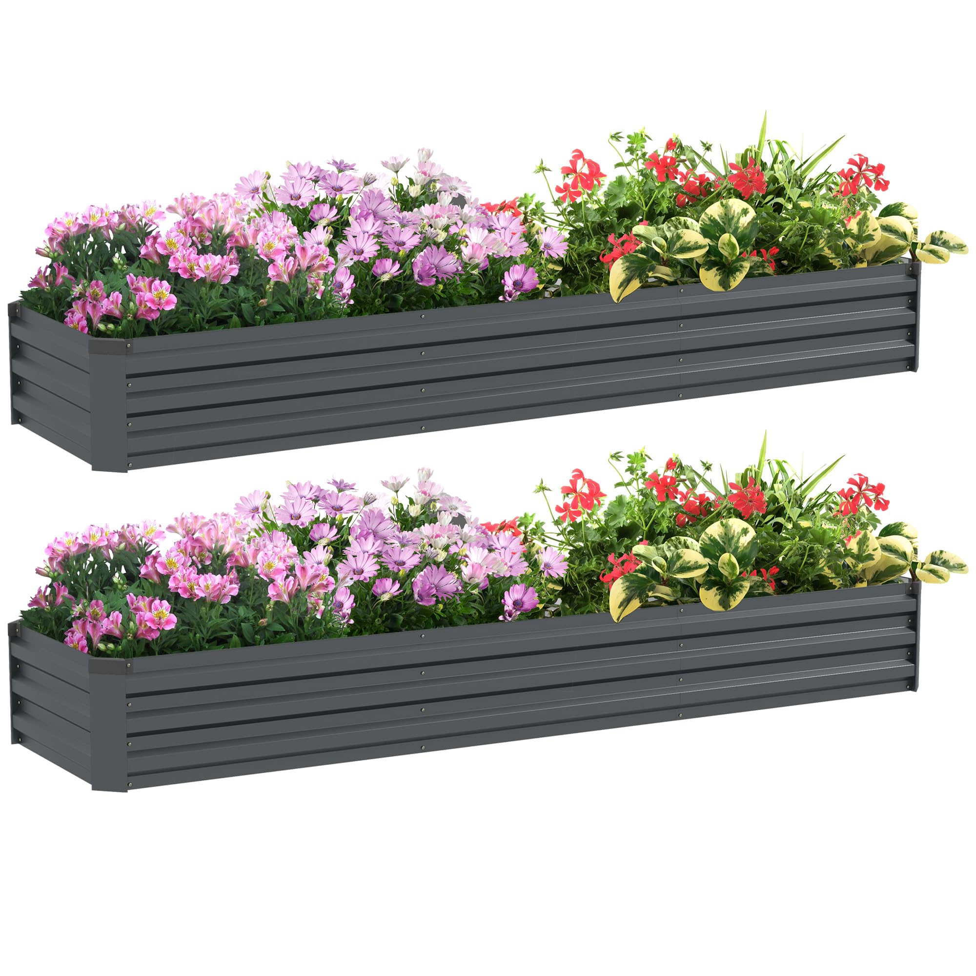 Outsunny Galvanised Raised Bed for Garden, Rectangular Outdoor Elevated Planter Box with Safety Edging and Open Bottom for Growing Flowers, Herbs and Vegetables, 240 x 60cm, Pack of 2, Grey