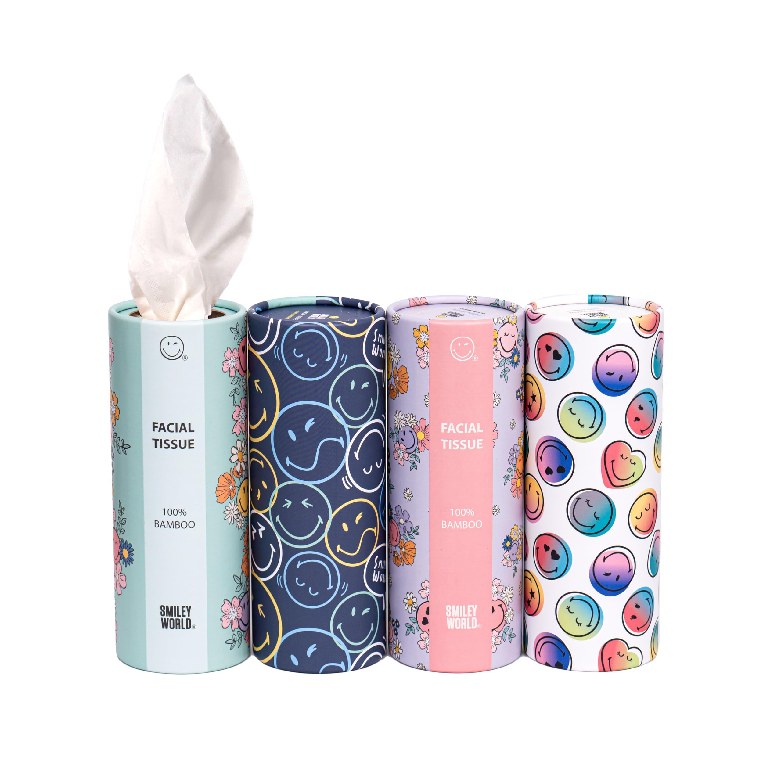 SmileyWorld - Chusteczki cylindryczne - 100% bambus - 3 warstwy - Design Smiley World - Kompaktowy rozmiar do samochodu, domu, plecaka, fotelika dziecięcego, szkolnego – 12 cylindrów