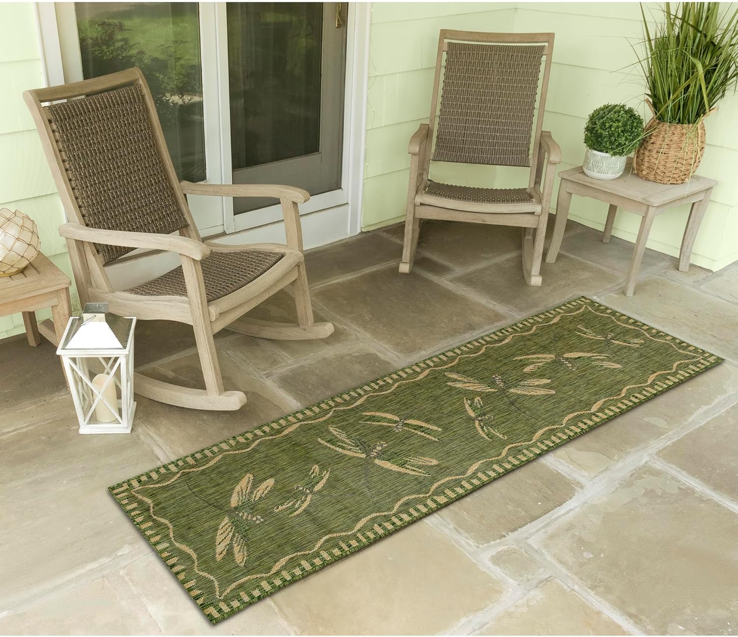 Liora Manne CARMEL Indoor/Outdoor Power Loomed Synthetic Blend Low Profile Area Rug - Transitional Border Garden Nature Decorative (Dragonfly Green) (1'11" x 7'6")