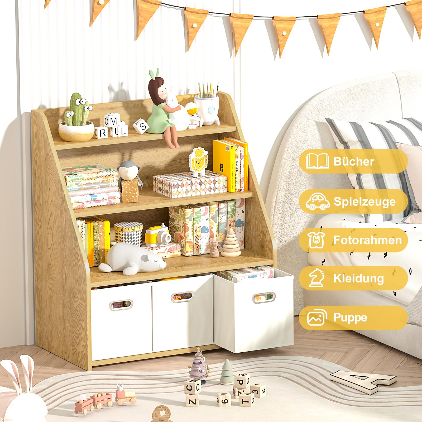 EFURDEN Kinder Bücherregal mit 3 herausnehmbaren Schubladen | Vielseitiges Holz-Regal zur Spielzeug- und Bücheraufbewahrung für Kinderzimmer & Spielzimmer