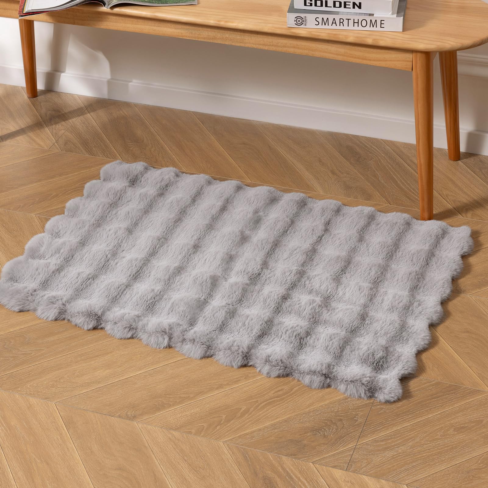 Ashler Faux Rabbit Fur Rug, Light Grey 2x3 FT Fluffy Soft Area Rug, Rectangle Fuzzy Carpet for Living Room, Bedroom, Machine Washable Shaggy Nursery Rug - 3D Bubble Rug