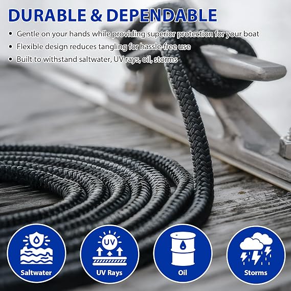 1/2 x 15ft Dock Lines and 5/8 x 15ft Fender Lines Set Marine Grade Double Braided Nylon Rope 4 Pack with 12 Loop and 4 Pack with 15 Loop for Boats Docking