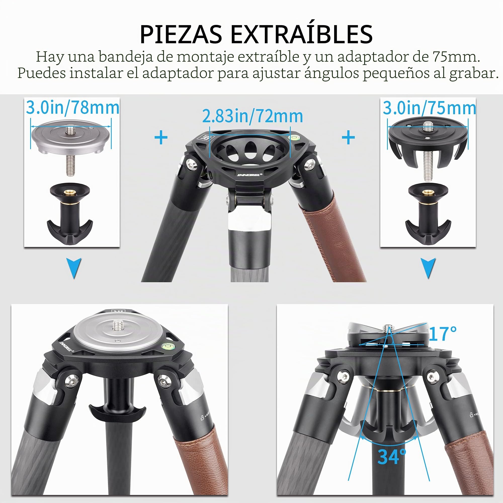 Trípode de Fibra de Carbono de 4 Secciones, INNOREL ST344C 160cm Trípode Profesional para Cámara, Accesorios de Fotografía, con 75 mm de Adaptador, Tubo Máximo 34mm, Carga máxima de 35 kg
