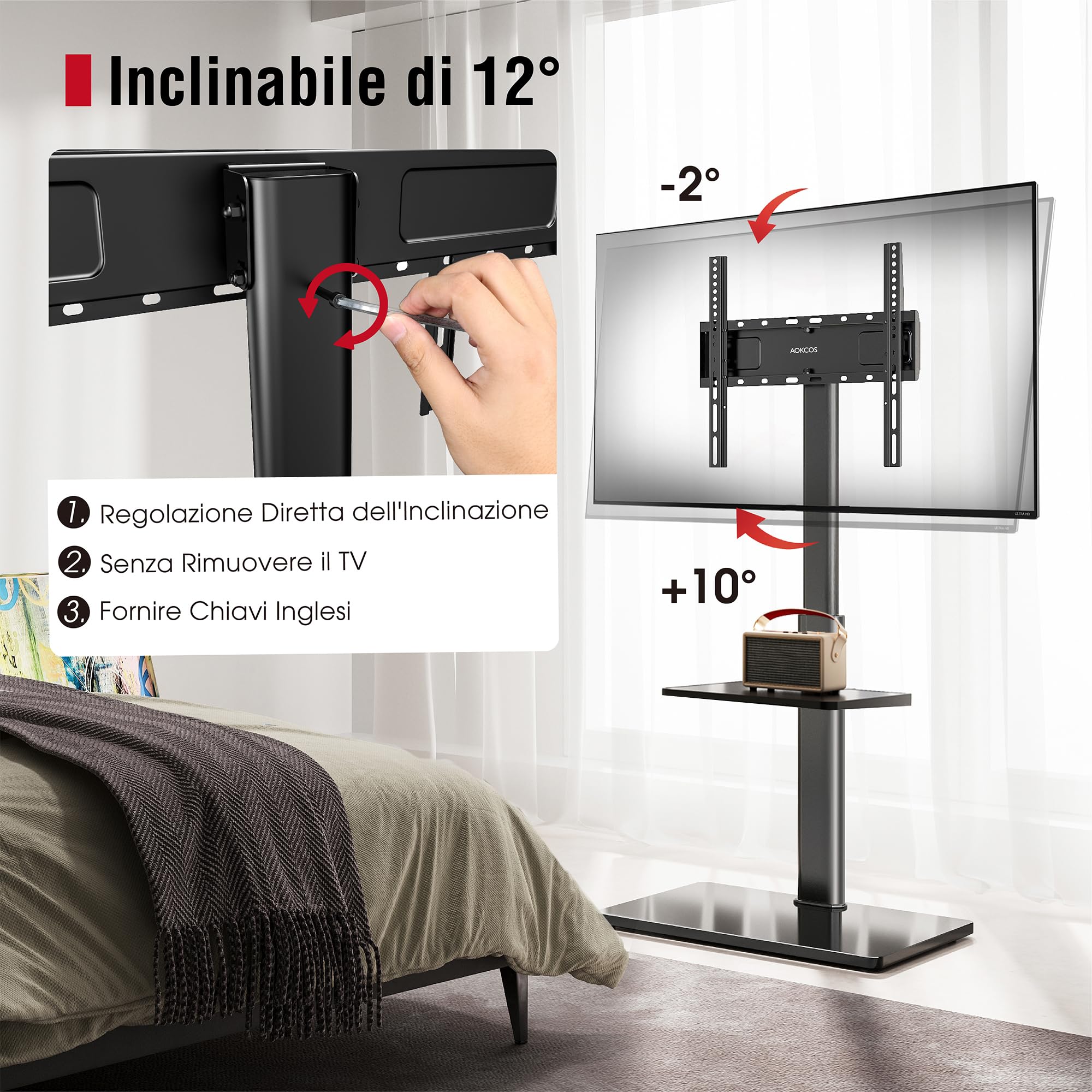 AOKCOS Supporto TV da Pavimento Inclinabile per 32-55-70 Pollici, Girevole & Altezza Regolabile, VESA 400x400mm 40kg