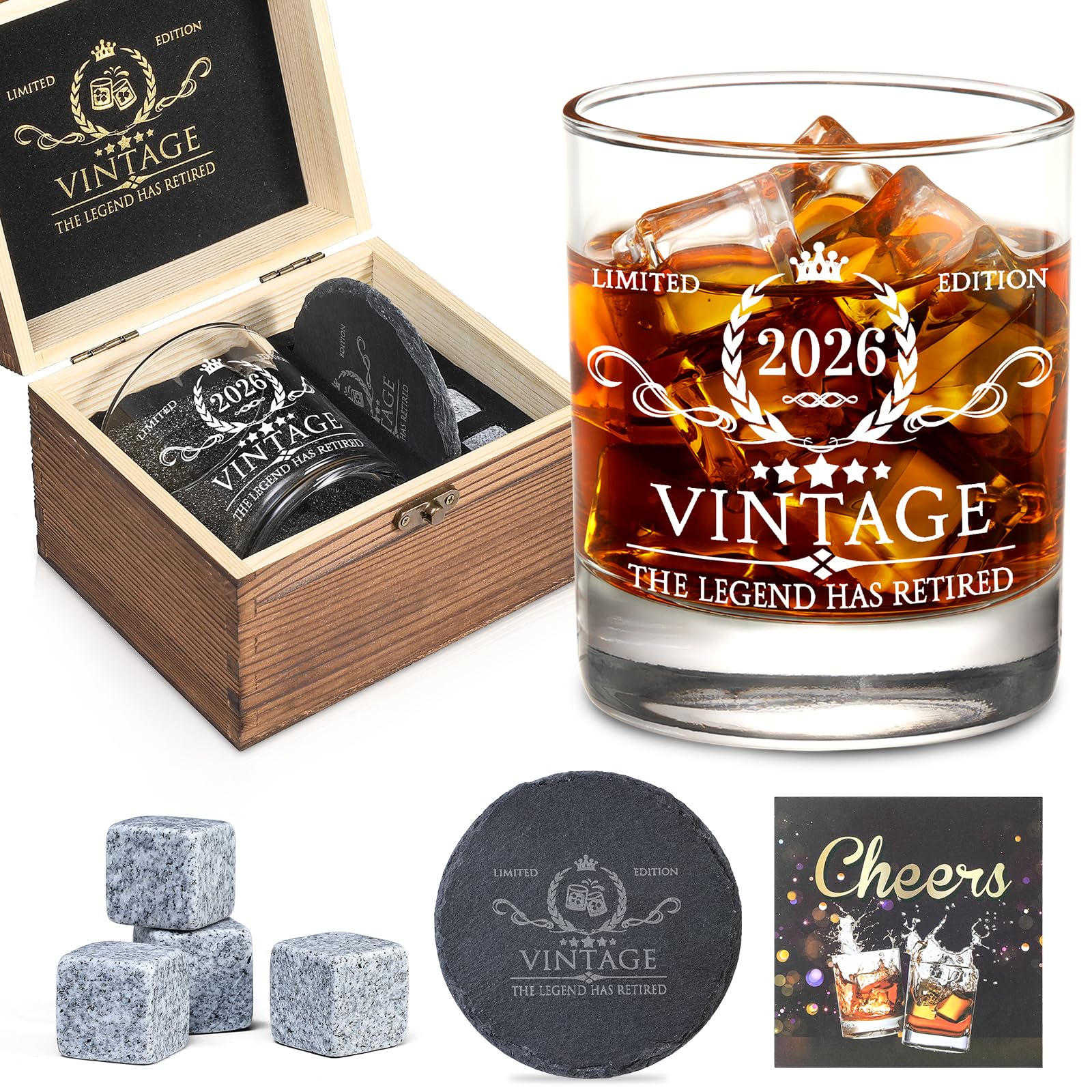 Retirement Gifts for Men Whiskey Glass Set - The Legend Has Retired 2026 - Retirement Party Decorations, Supplies - Gifts Ideas for Him, Dad, Husband,