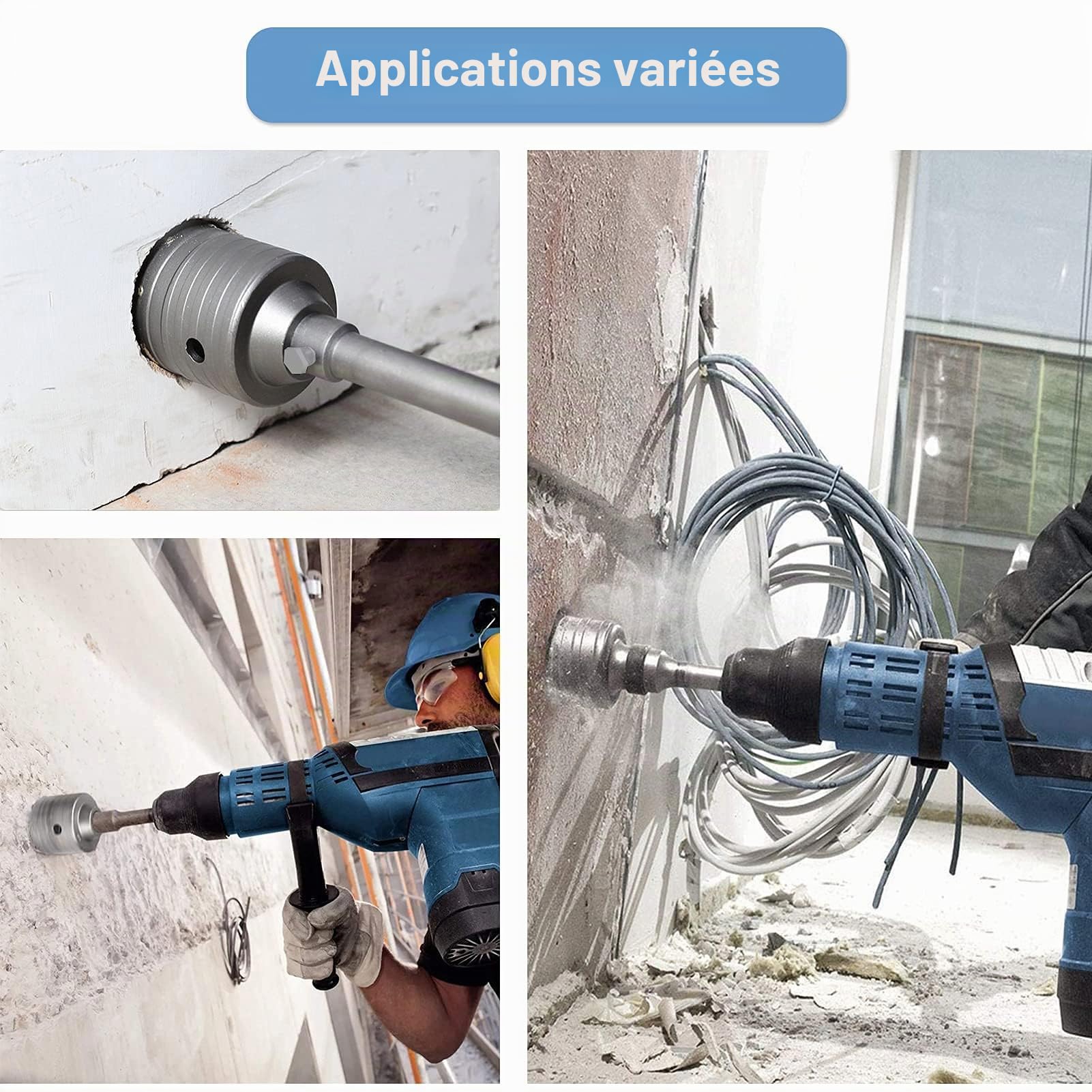 Trépan Béton, Set de Scies Cloches, Jeu de forets pour Carottiers TCT, Scie Cloche Beton, Carotteuse Beton, Coupe-trous pour Maçonnerie en Tungstène à Tige d'extension SDS Plus, 10 pièces
