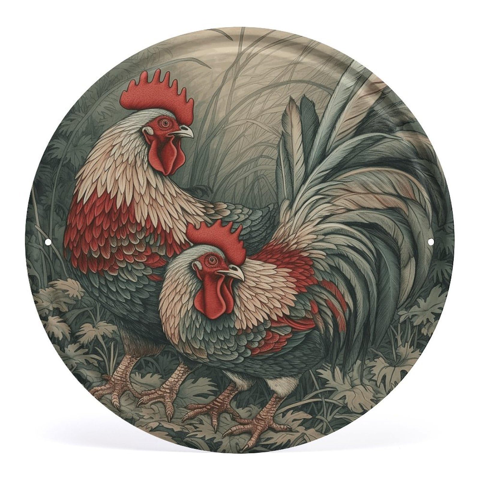 Fodpand Style Drawing Of Chicken Round Wall Art Hanging Decorations, Wall Decor Modern Minimalist Artwork, Tin Sign Hanging Picture For Living Room, Bedroom, Office, Hallway, 11.8X11.8 Inch