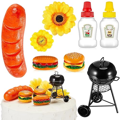 Liliful 12 piezas de decoraciones para tartas de barbacoa, decoraciones para tartas de girasol, hamburguesas, perritos calientes, decoraciones de