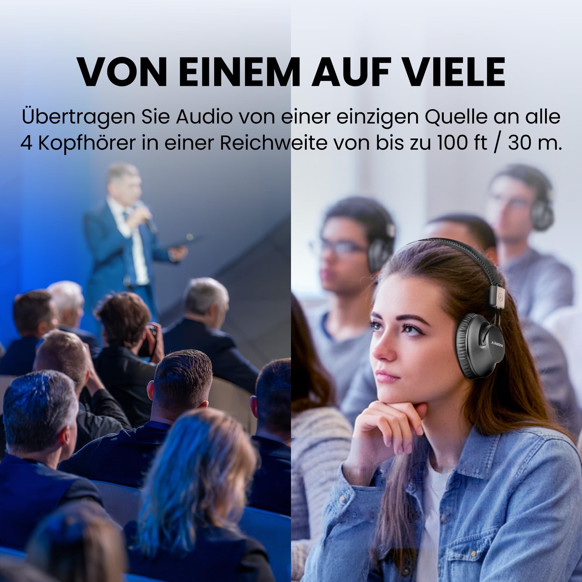 Avantree Quartet 2 – Bluetooth-kompatibles kabelloses Gruppenhörsystem mit Kopfhörern & Sender für Partys, Silent Discos, TV – Mehrere Kopfhörer mit niedriger Latenz & klarem Sound