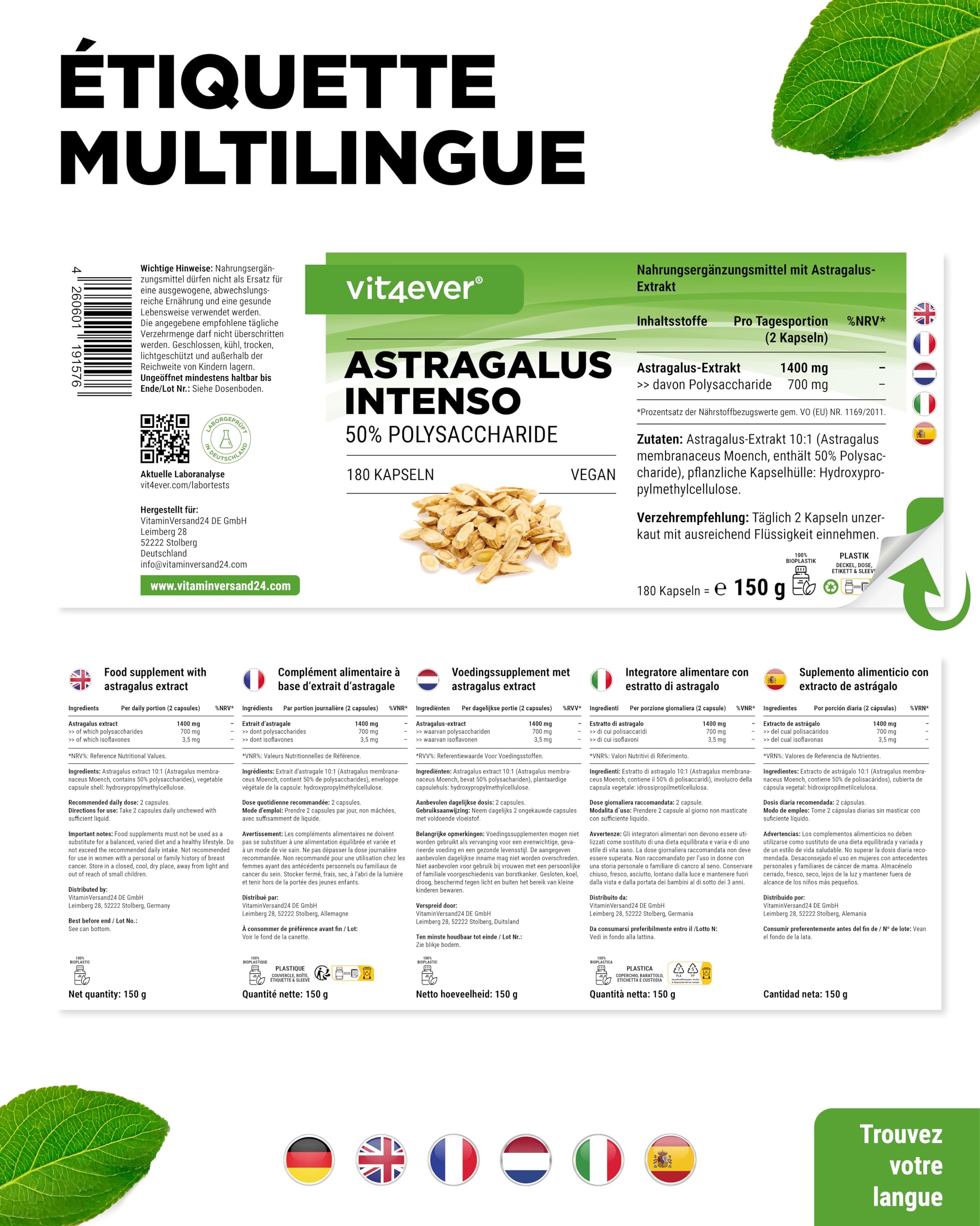 vit4ever Astragalus - Hautement Dosé avec 1400 mg d'Extrait pur par Jour - 180 capsules - Premium : 50% Polysaccharides - Extrait pur de Gomme Adragante - Sans Additifs Indésirables - Vegan