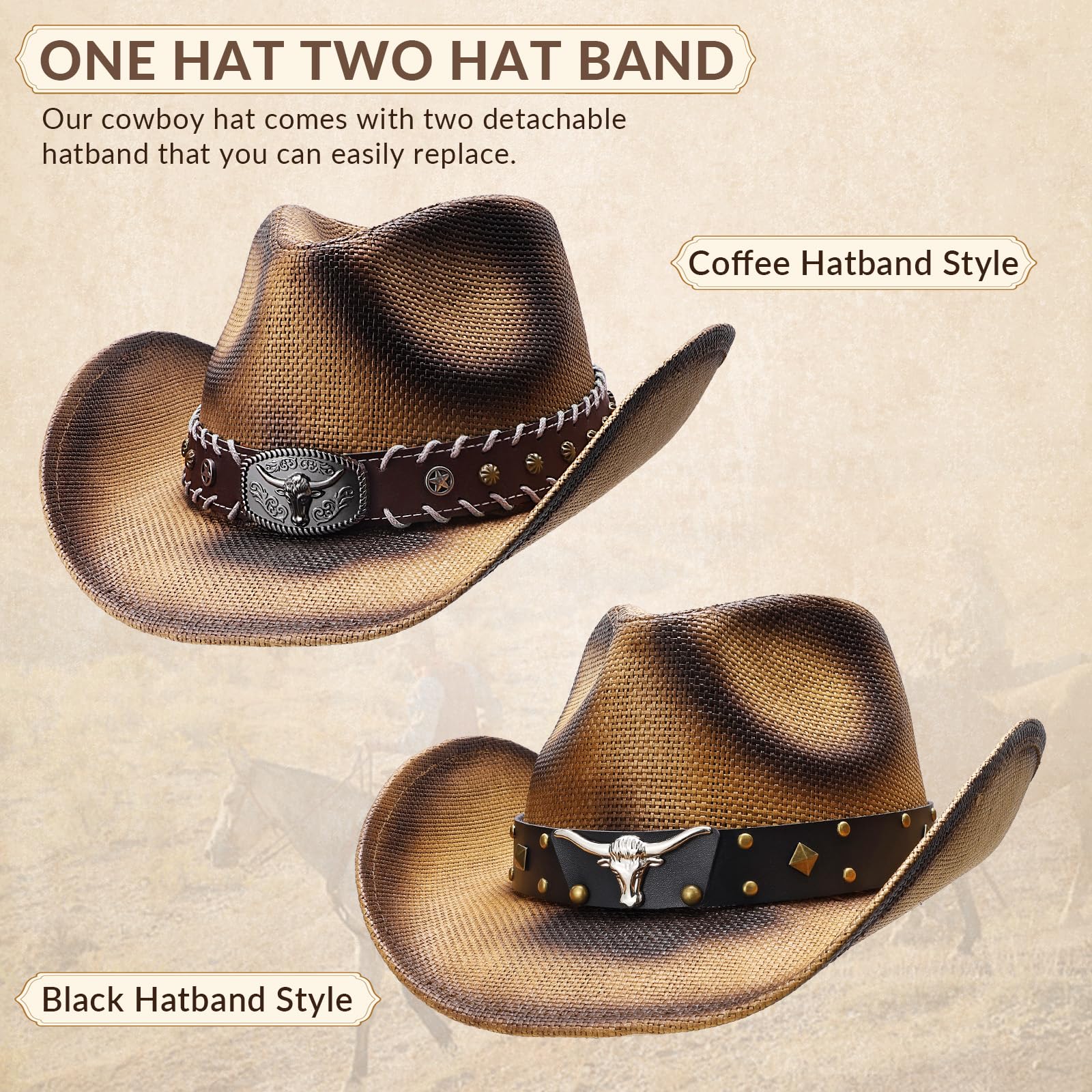 SANSTHS Cowboy Cowgirl Hats for Men Women 2 Pack Hatbands Straw Hat Wide Brim Breathable Western Hats for Lover