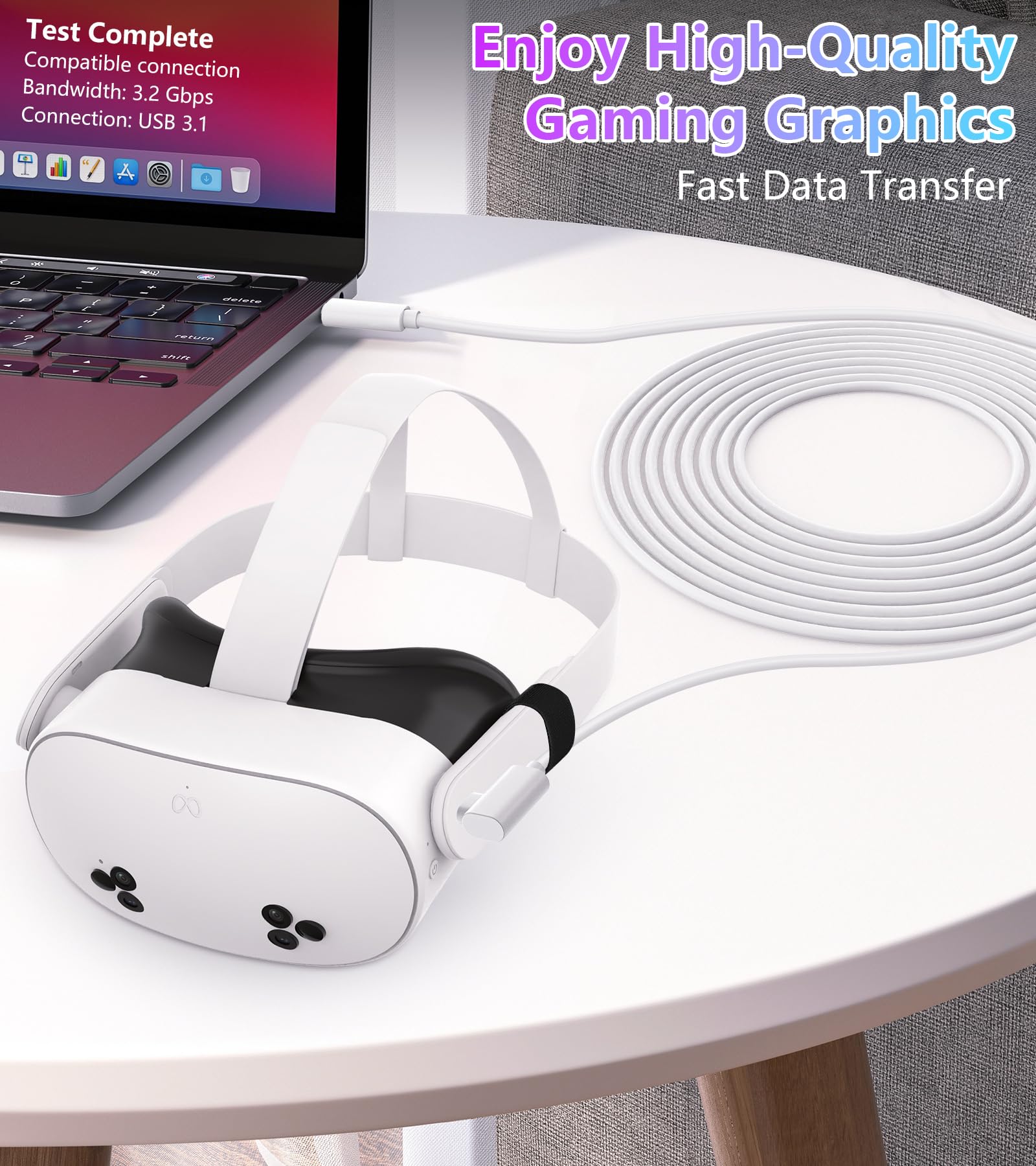 Kabel połączeniowy o długości 3 m, kompatybilny z kaskami rzeczywistości wirtualnej Meta/Oculus Quest 3, Quest 2/Pro, PICO 4, akcesoriami VR, przewodem do ładowania i przewodem do transmisji
