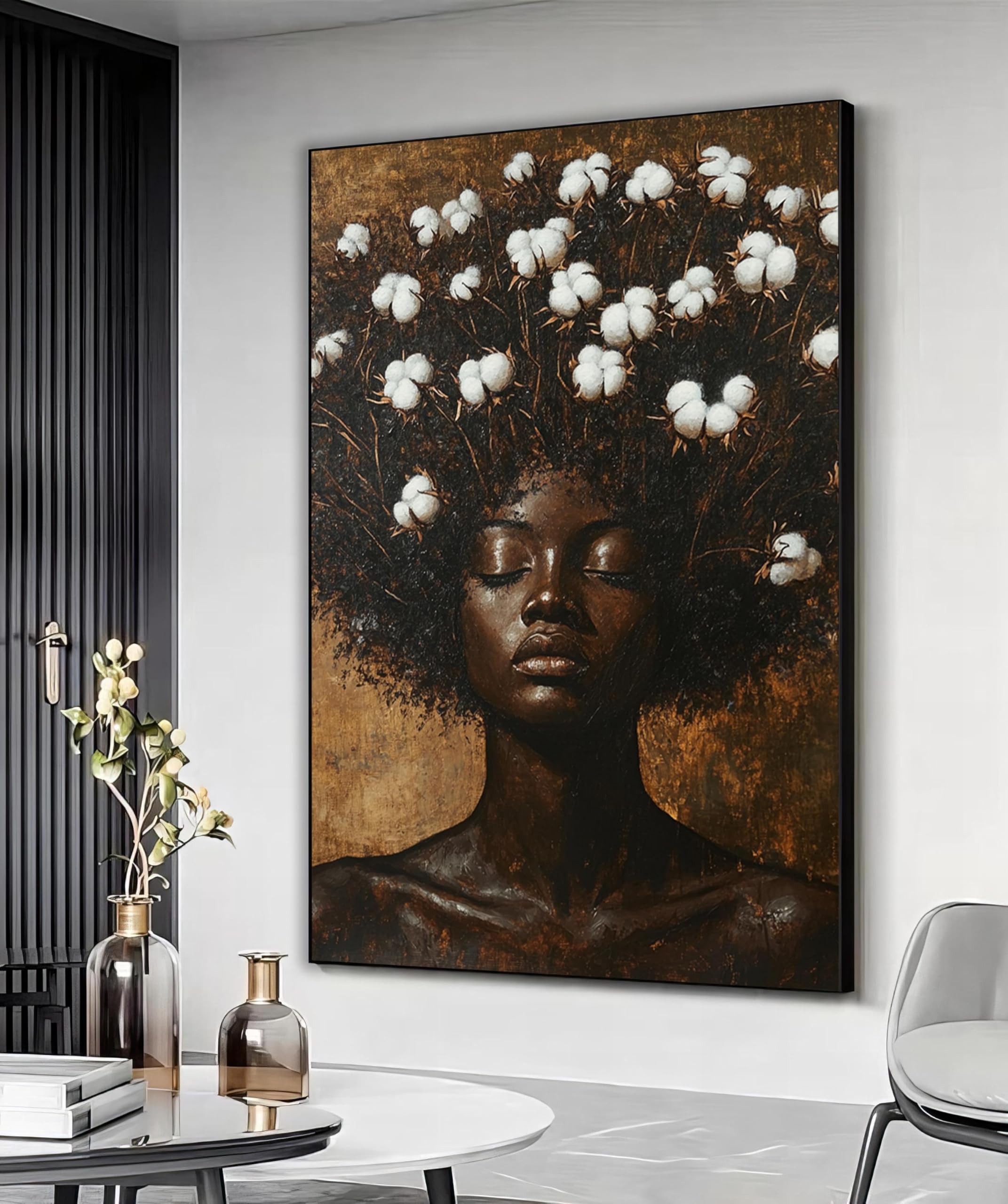 YUSUZHU Black Woman Cotton Art Print,Woman With Cottons On Her Head Surreal Canvas, Afro Black Woman Wall Art, Woman Posters(70x100cm/Frameless)