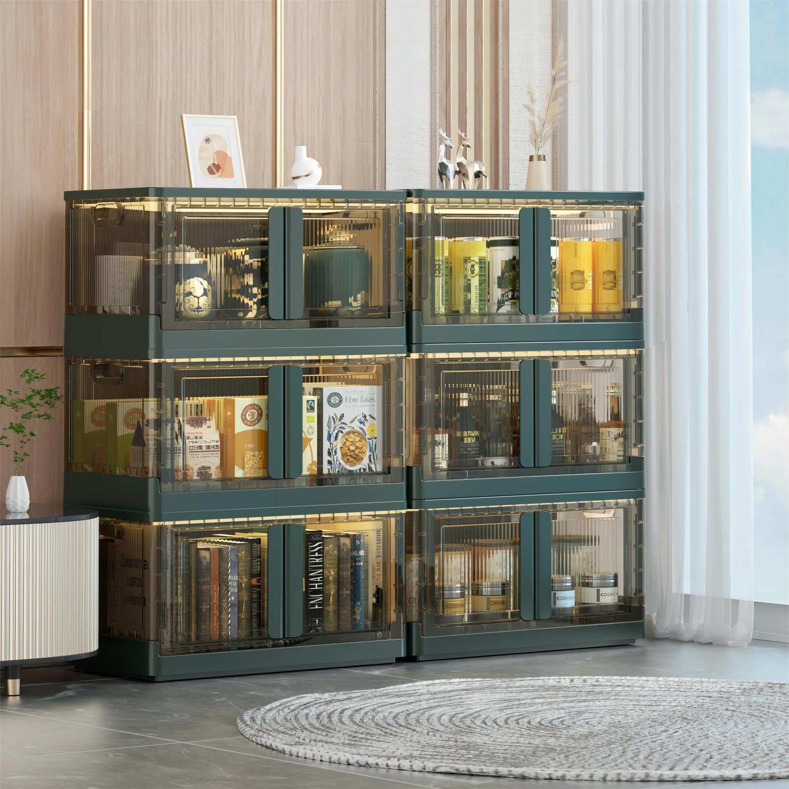 Sineda 6 Pack Storage Bins with Lids - 8.4 Gallon Collapsible Storage Bins with Wheels and Door, Stackable Storage Bins for Clothing, Blankets, Books, Bedding and Toys.(8.4Gal - 6Pack, Green)