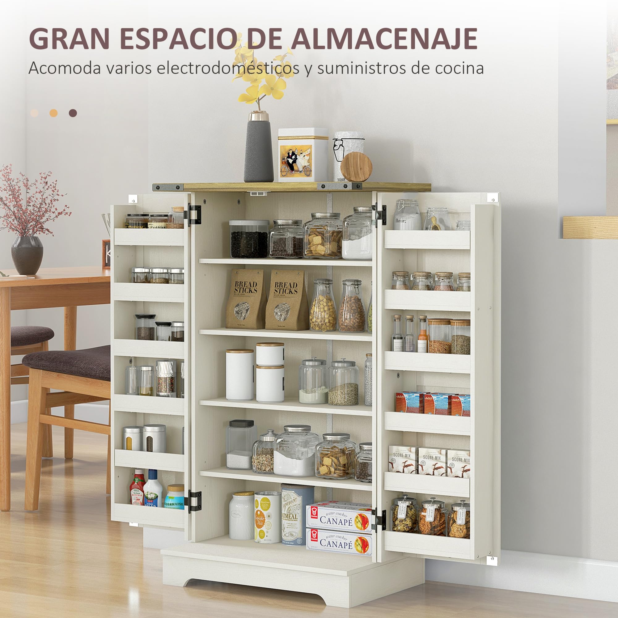 HOMCOM Armadio dispensa cucina armadio da cucina con 2 ante e 16 ripiani dispensa rustica con ripiano regolabile per sala da pranzo soggiorno 60x40x104 cm crema