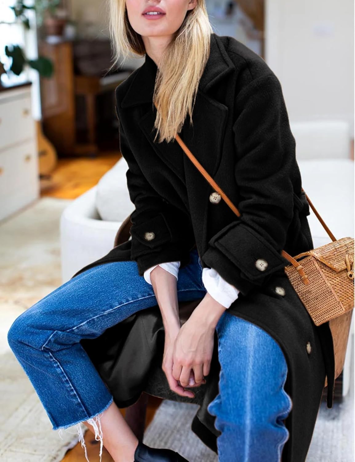 Hooever Women's Long Wool Coat Fall Winter Notched Lapel Double Breasted Trench Coat Peacoat with Belt - Image 7