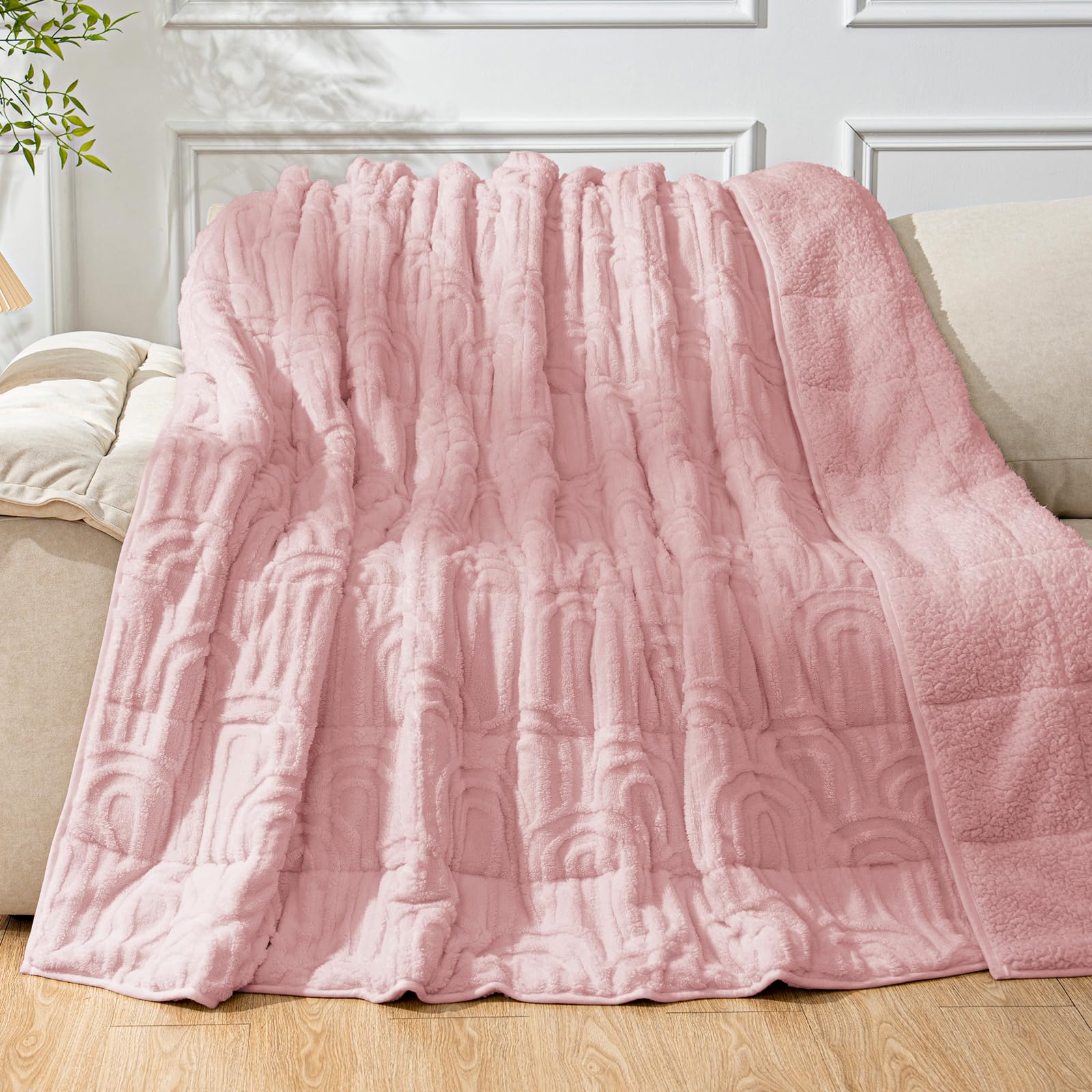 Cottonblue Jacquard Weighted Blanket for Adults 20 lbs Queen Size 60"x80" | Soft Sherpa Fleece Heavy Throw Blanket for Sleep Calm Relax, Fuzzy Warm Arch Sofa Couch Heavy Blanket, Blush Pink, Washable