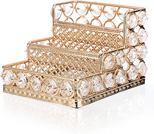 Miniatura 9 de Hipiwe Titular de Tarjetas de Visita de Cristal - Soporte de Exhibición de Tarjetas de Nombre de 3 Niveles Espejo Dorado Organizador de