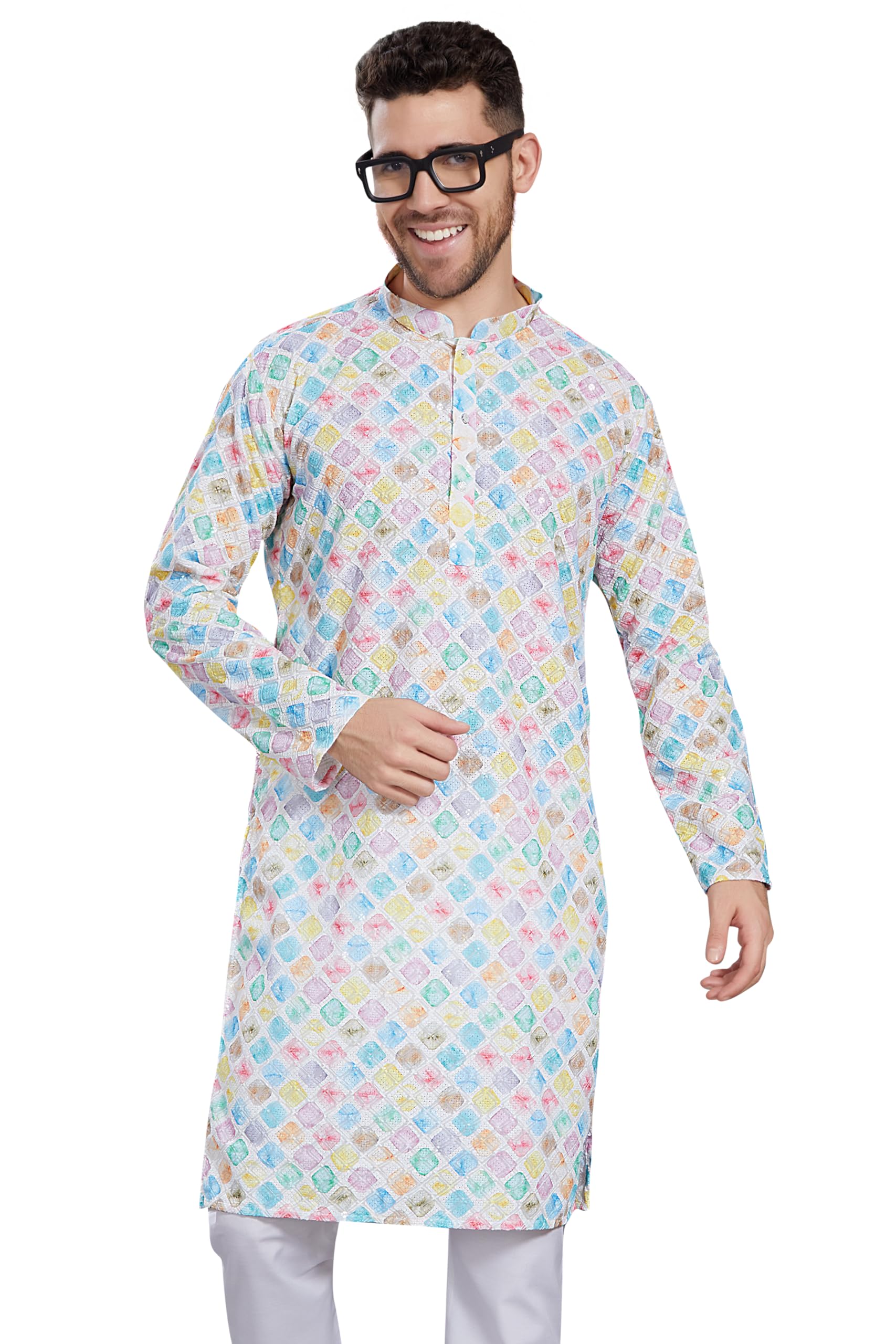 Divisive Men's Thread Embroidered Cotton Blend Only Slim Fit Kurta (Dkrt792_M_White - Green)