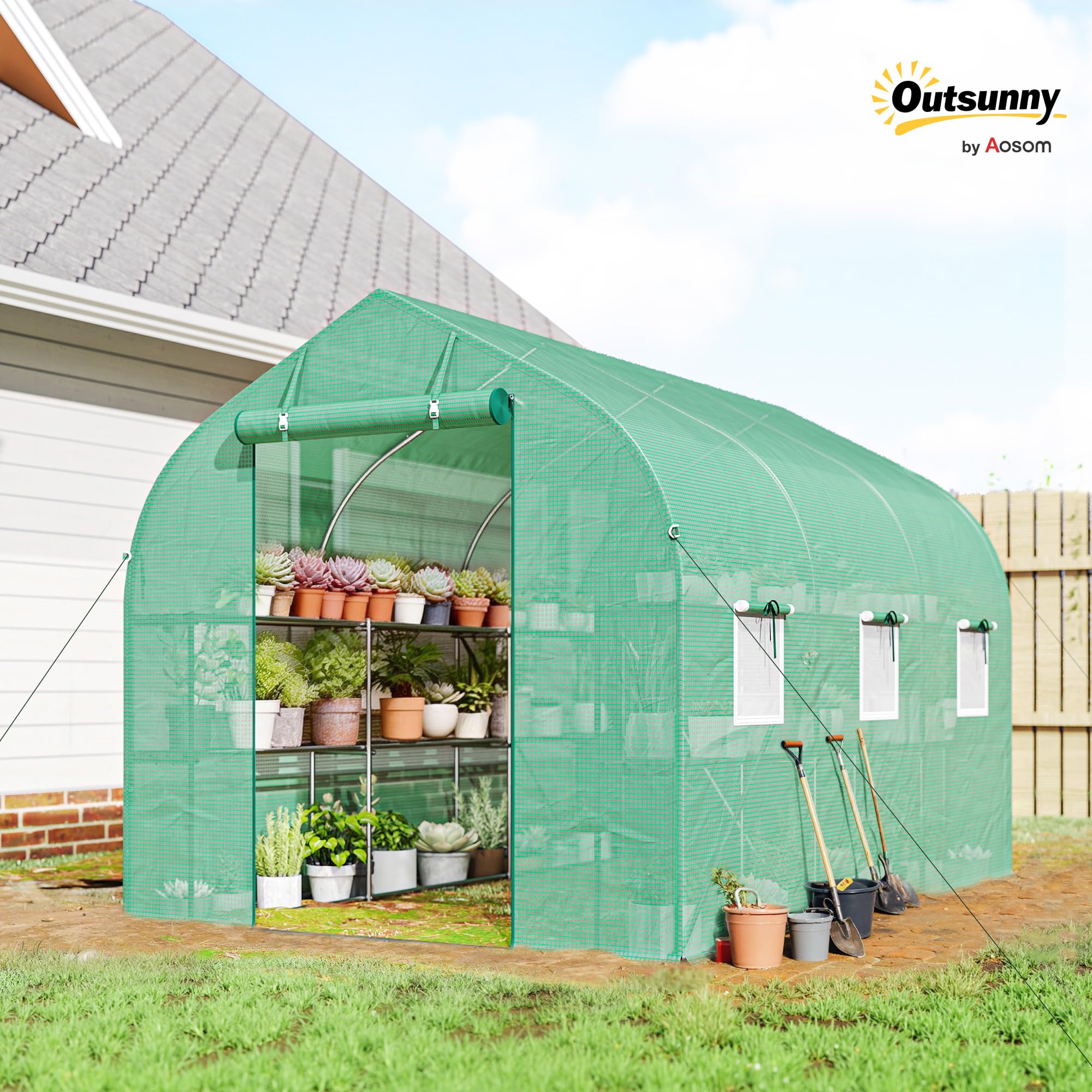 Outsunny Serra Tunnel 6m² con Ripiani 198x293x194cm Porta Verde | Serra da giardino, telaio acciaio zincato, 6 finestre, per esterno, tutte stagioni, copertura PE alta densità 140 g/m²