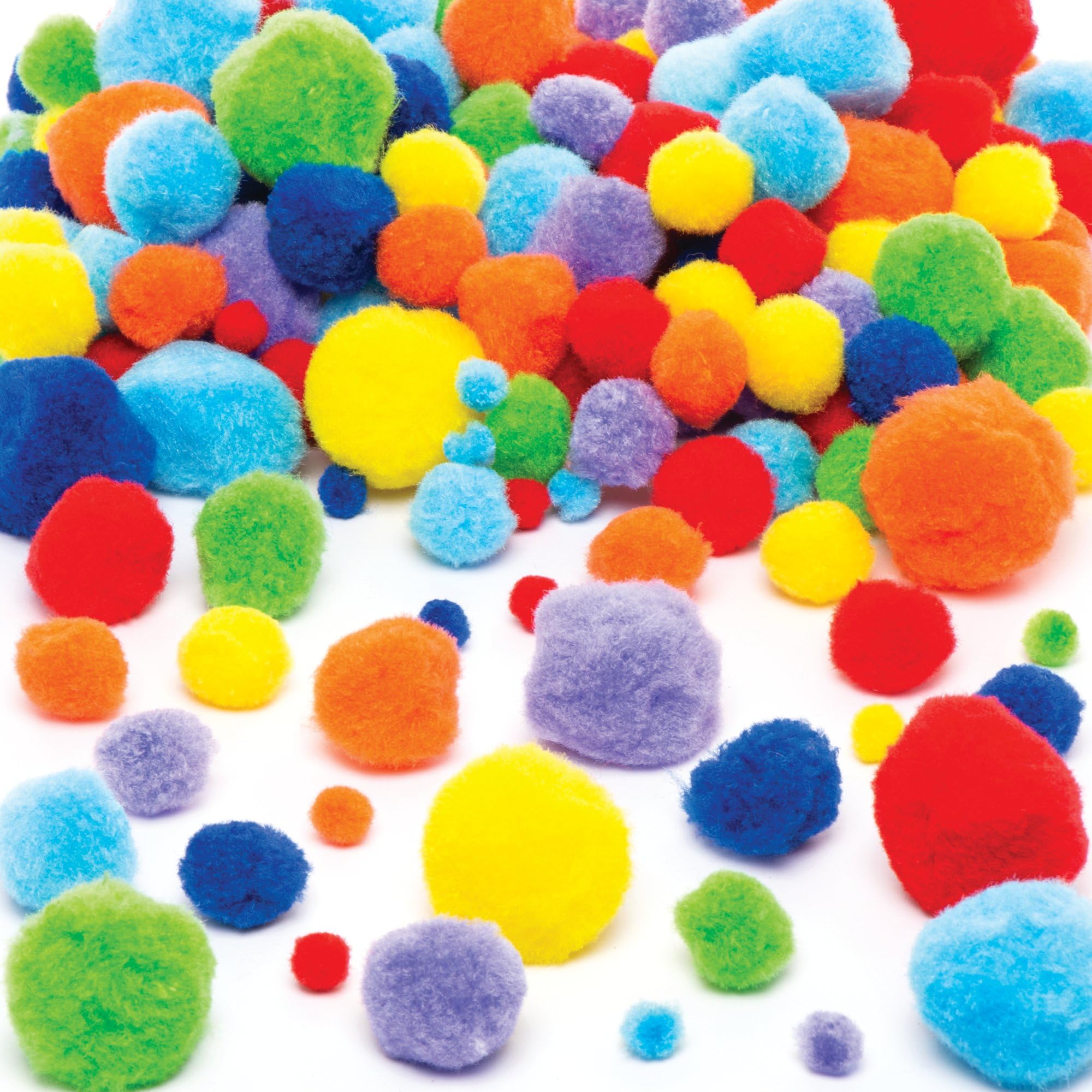 Baker Ross AW366 Rainbow Colours Pom Poms Value Pack - Pack of 200, 15mm - 35mm, Assorted Colours, Craft Pom Poms
