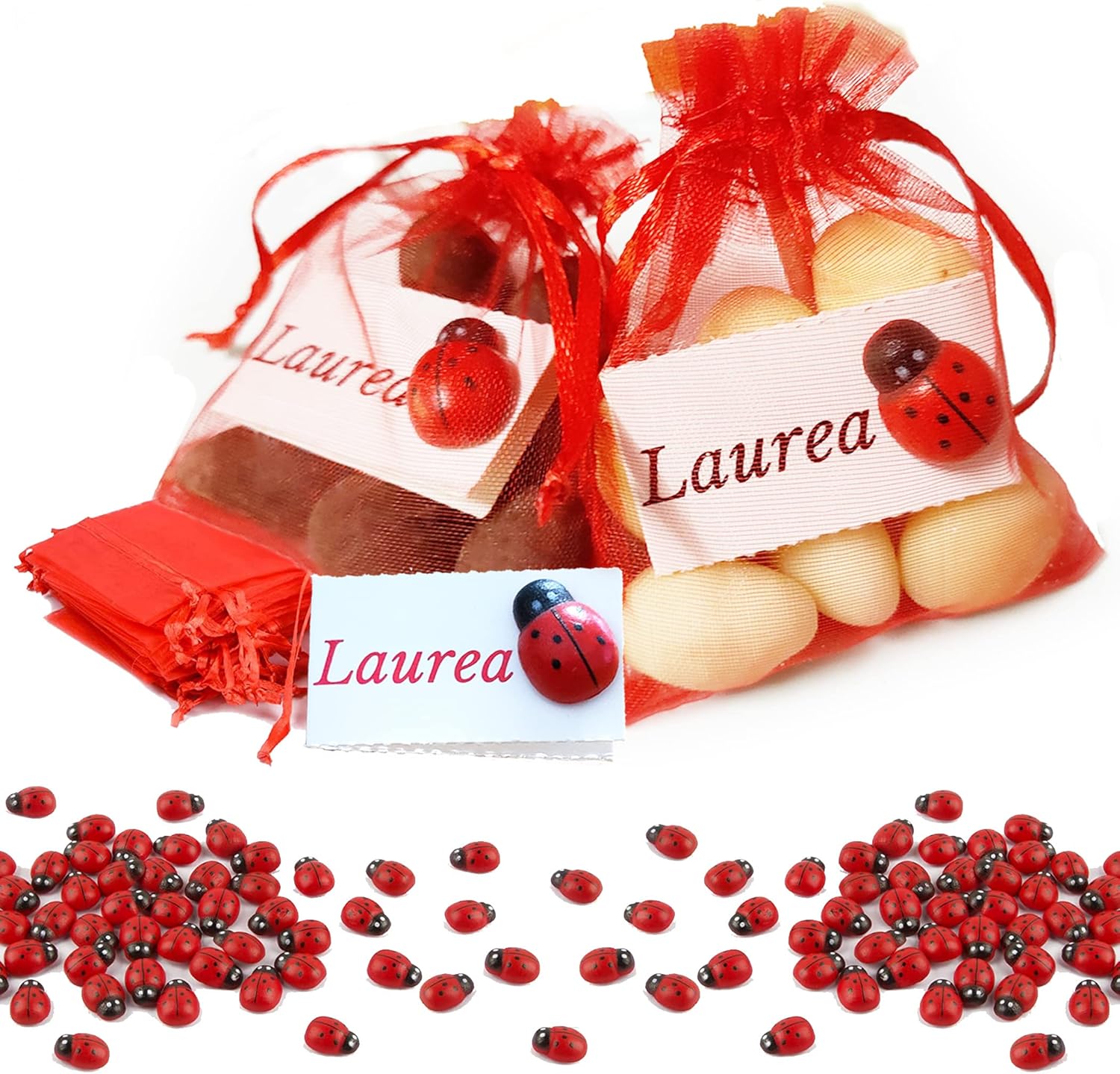 50pz Sacchetti Confetti Portafortuna con Coccinella Rossi Laurea