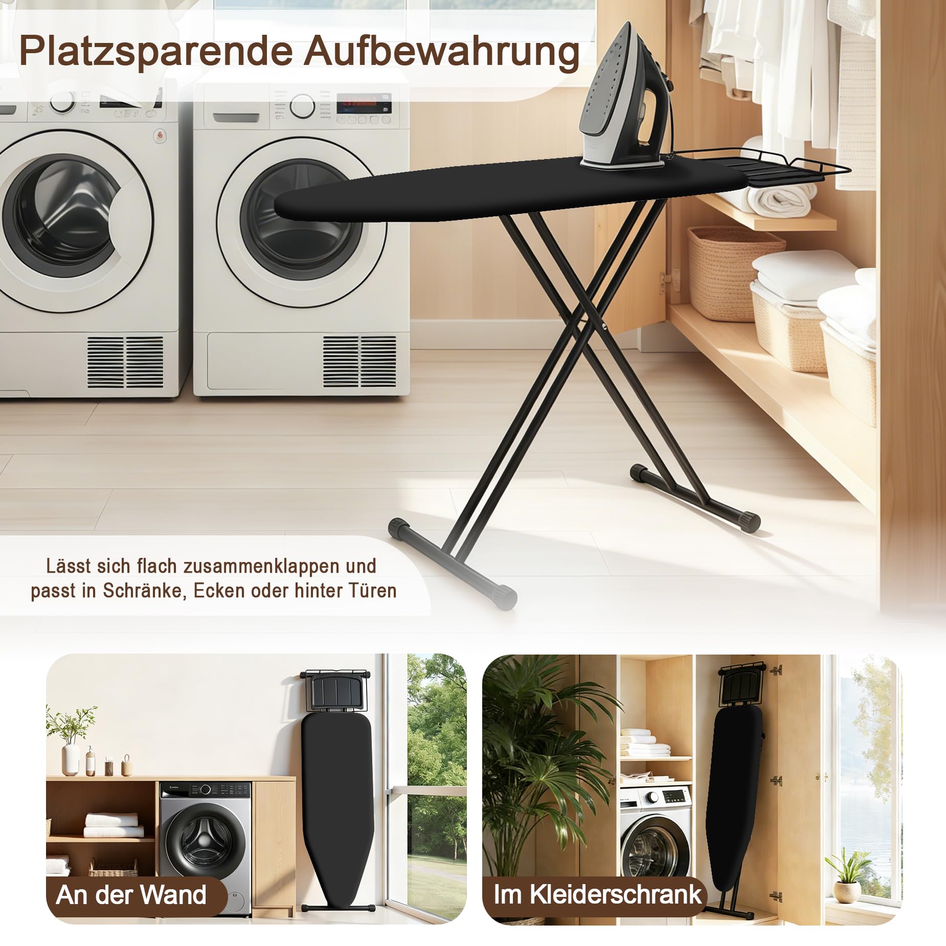 Bügelbrett 159 x 46 cm Volle Größe mit Bügeleisenablage, für Dampfbügeleisen geeignet, Stabile Gestell, Bequeme Lagerung, Ironing Board Schwarzes
