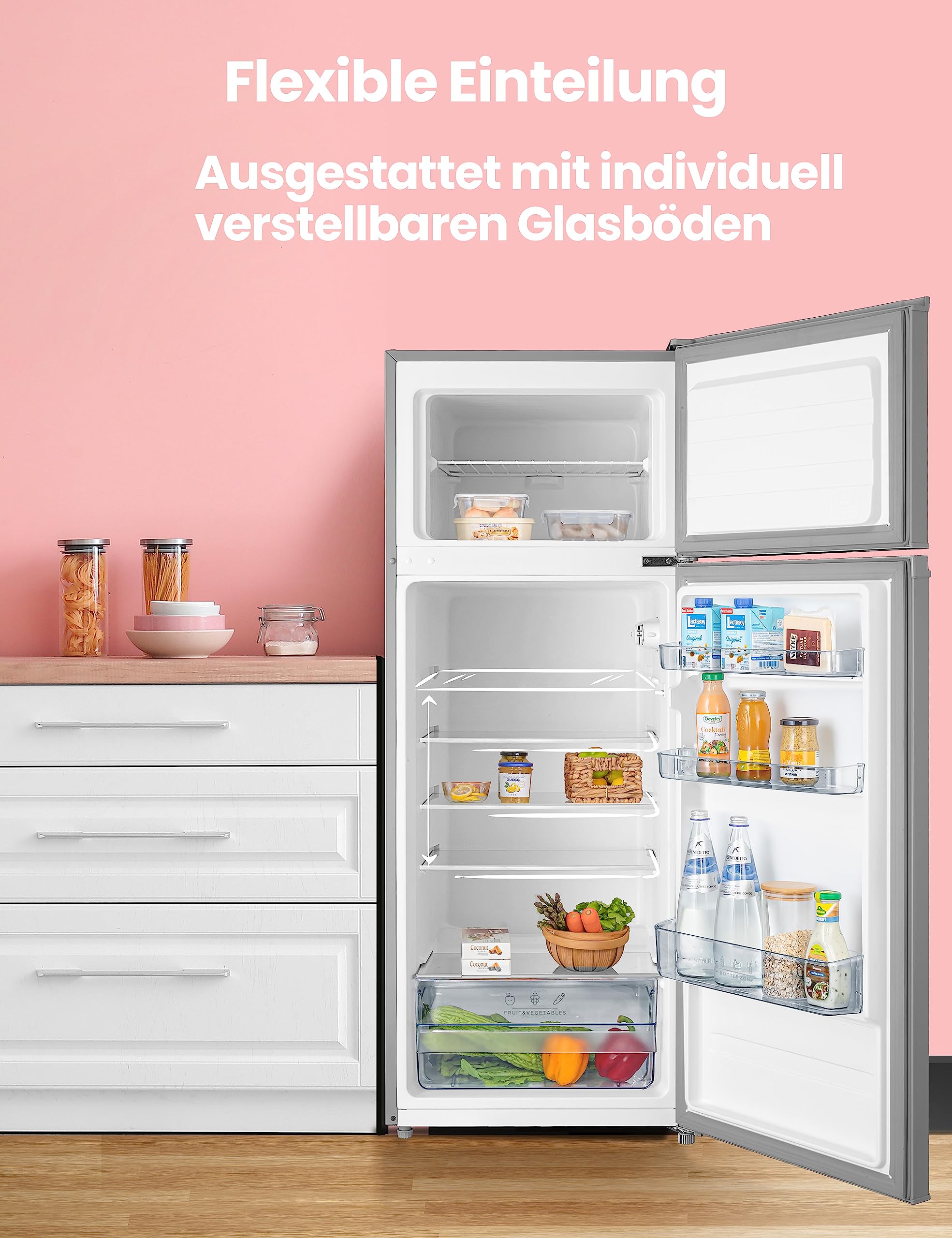 Comfee RCT284DS2 Kühl-Gefrierkombination 176 kWh/Jahr 143 cm Höhe LED Licht Reversibles Türscharnier Silber