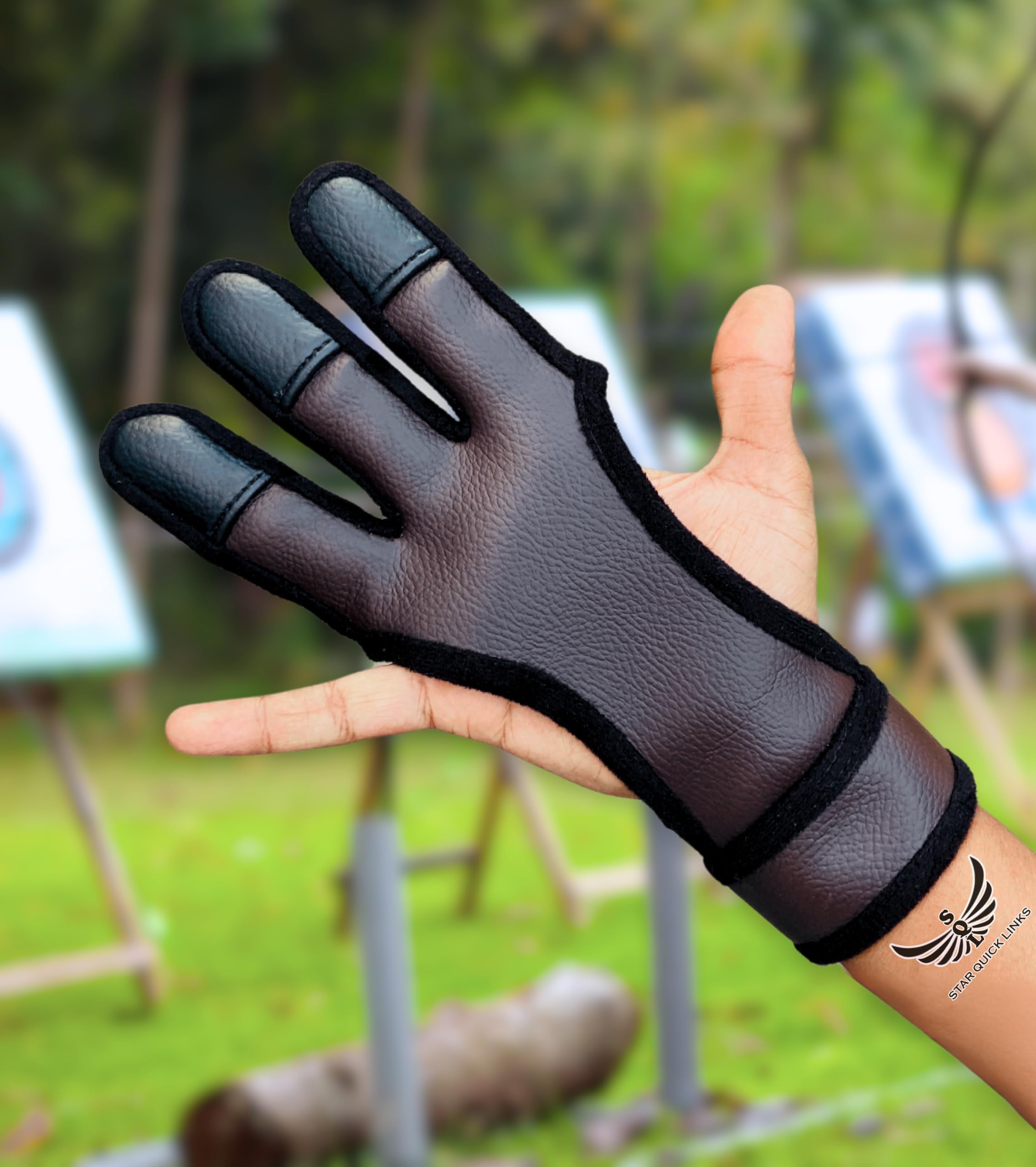 Premium Archery Glove Finger Tab Accessories โ Thick Vegan Leather Gloves for Recurve & Compound Bow โ Adjustable Three Finger Guard for Men Women & Youth
