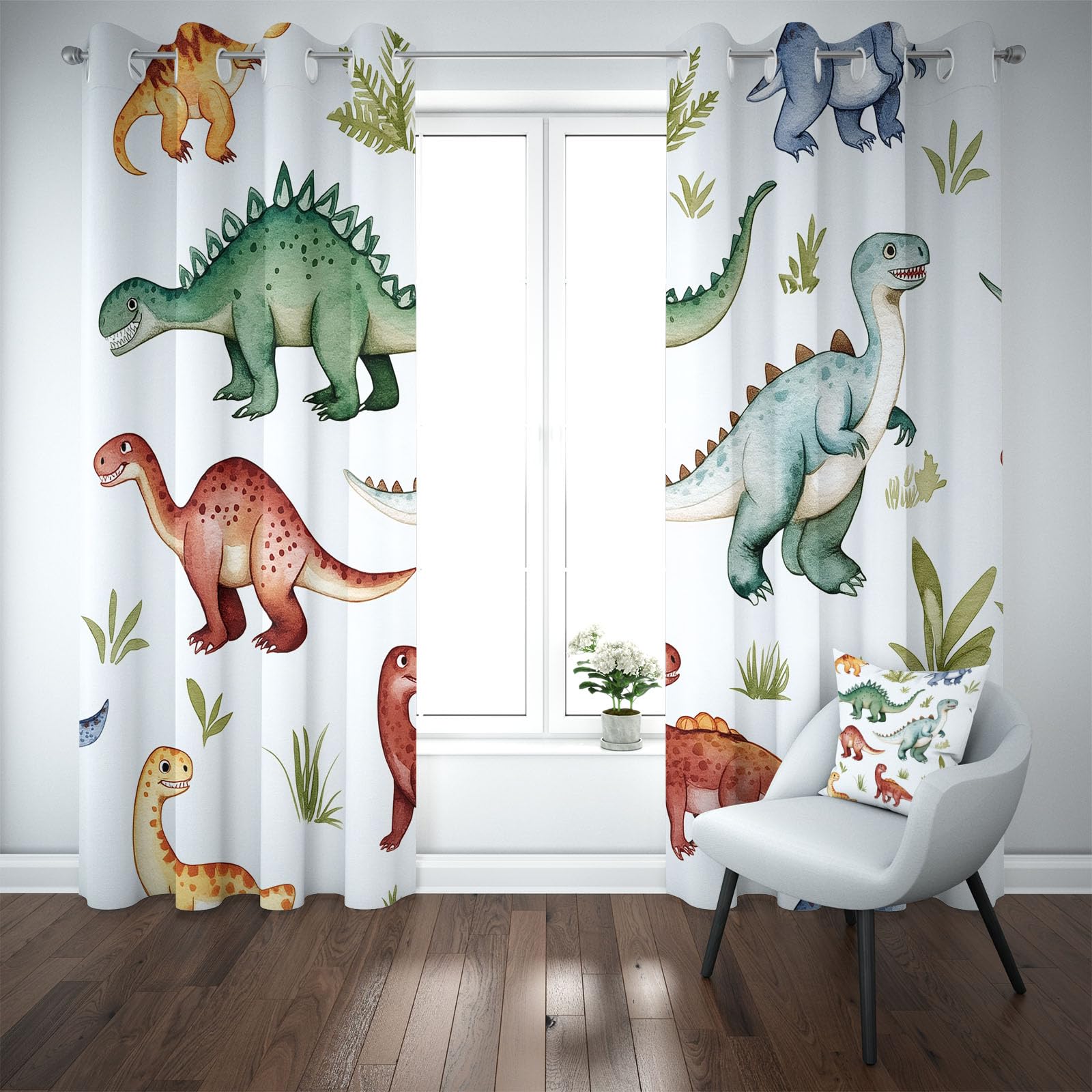 Rideaux Occultant Thermique Isolant Dinosaure Animaux Lot De 2, Rideau À Oeillets Isolant Anti Froid Dessin Animé Rideau Opaque Mignon Enfant pour Chambre Salon 110x160 cm