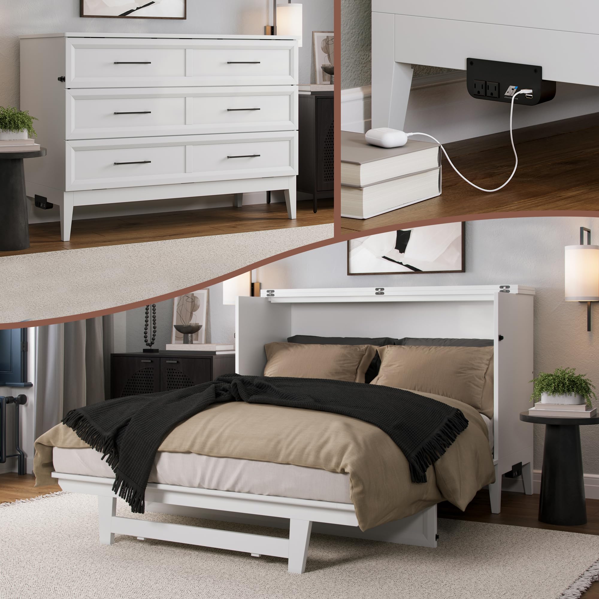 The Santa Fe Murphy Bed Chest fully open, revealing a made bed with pillows and blankets.