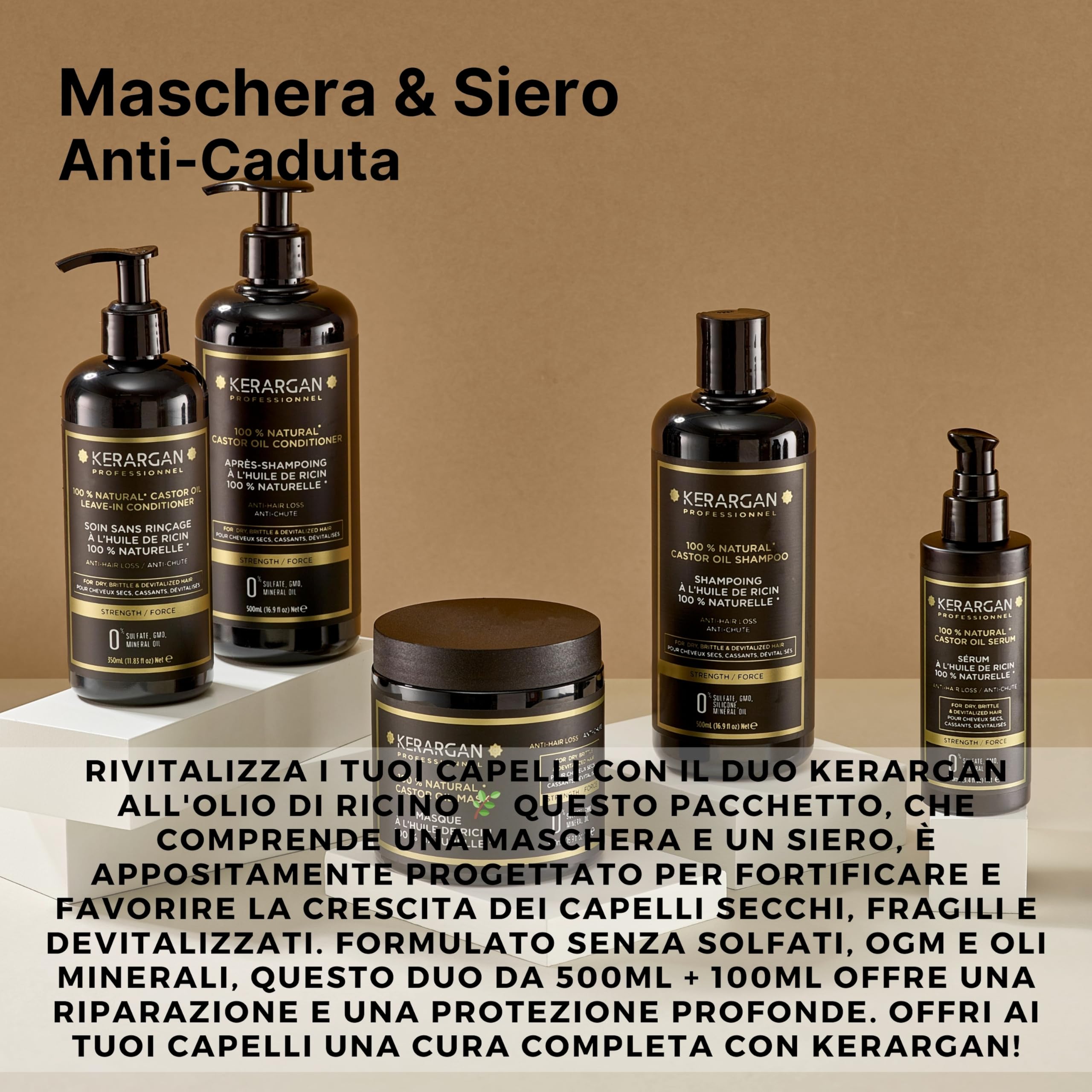 KERARGAN - Duo Ricino: Maschera e Siero Antirottura - 500ml+100ml | Maschera e siero all'olio di ricino per nutrire le lunghezze, proteggere le punte e ridurre la rottura