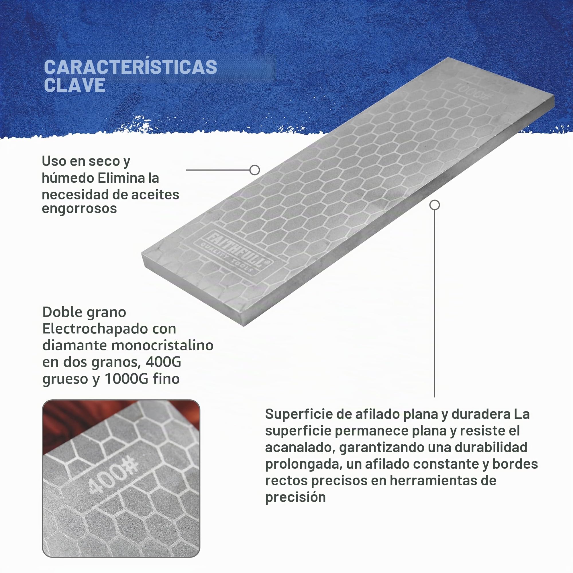 Faithfull Doppelseitiger Diamant-Schärfstein – 400G / 1000G Körnung, Schärfblock, Messer- und Werkzeugschärfer für Stechbeitel, Hobeleisen und Klingen – 200 x 70 mm