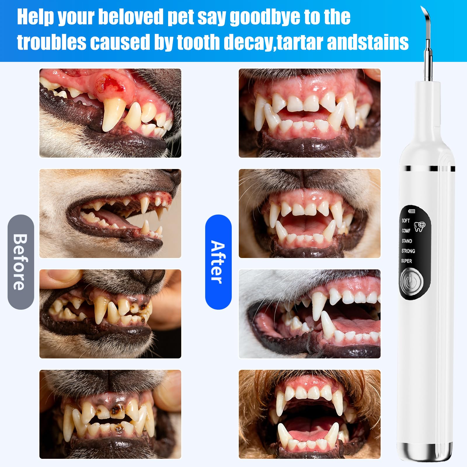 Kit de Limpiador Dental Ultrasónico para Perros y Gatos, Cepillo de Dientes Eléctrico Ultrasónico, 5 Modos de Limpieza y 4 Cabezales de Limpieza para Cuidado Dental para Mascotas