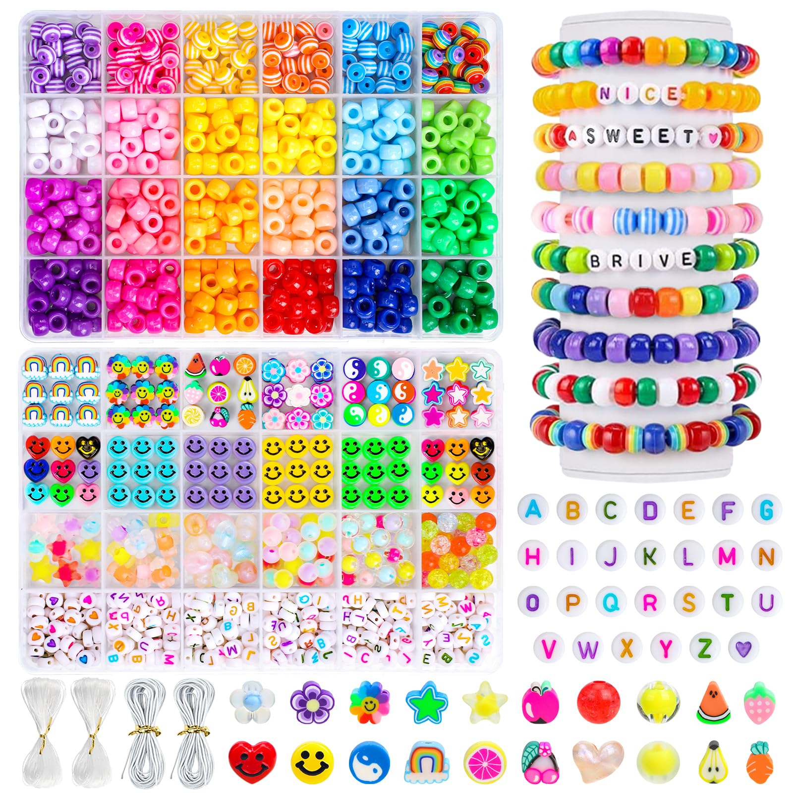 1000Pcs Pony Beads for Bracelet Making, Coloured Kandi Beads for Jewelry Making, Fruit Flower Polymer Clay Beads, Rainbow Craft Beads, Smile Face Beads, Letter Beads for Bracelet Making