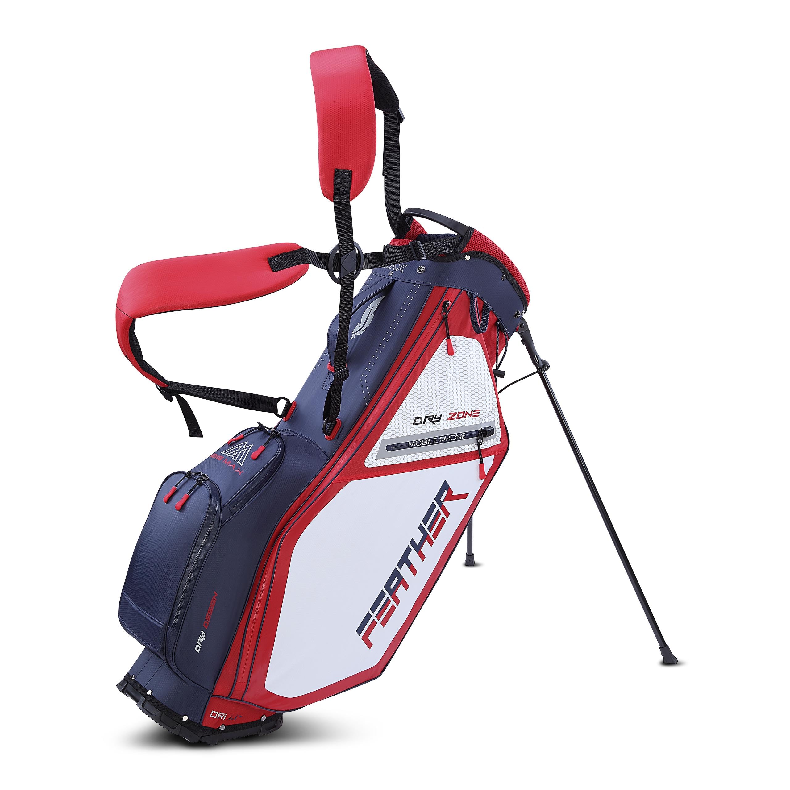 Big Max Dri Lite Feather: Ergonomic Ultra-Lightweight Golf Bag, 5-Way Golf Club Divider, Water-Repellent Pockets and Integrated Cooler Bag (Navy-White-Red)