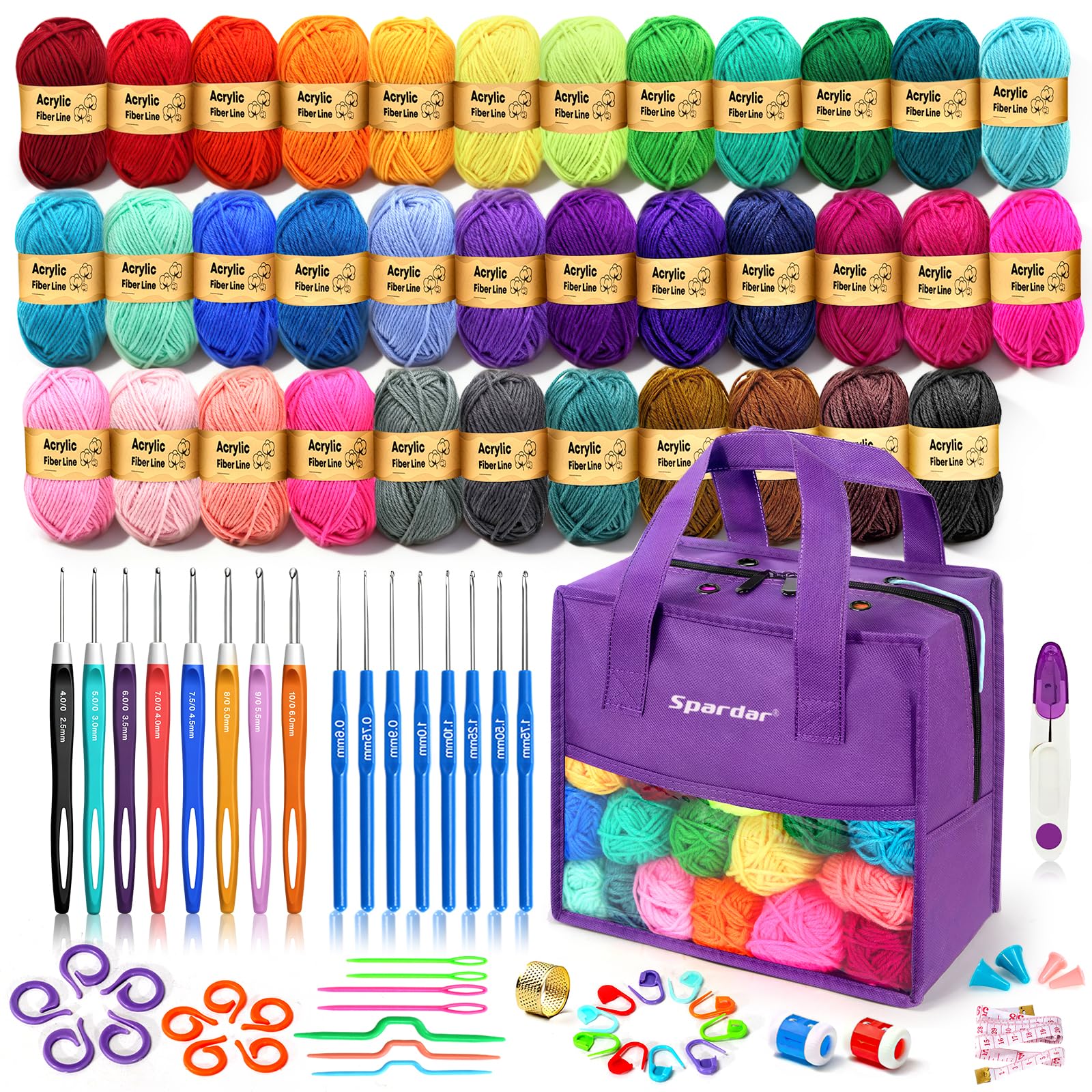 Spardar Kit di filati per uncinetto per principianti e adulti, set di 35 filati acrilici per uncinetto, 89 pezzi, con ganci ergonomici, ferri da maglia (viola uva)