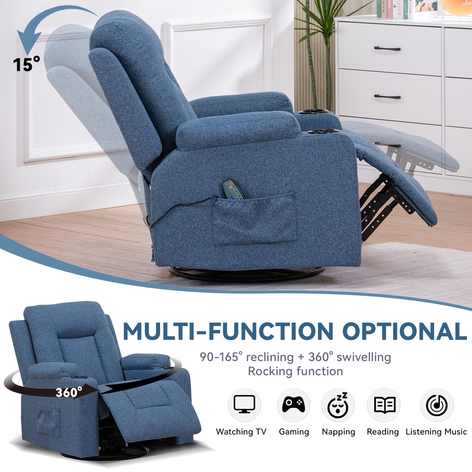 COMHOMA Poltrona Relax TV con Funzione Recliner Schienale Regolabile, Girevole a 360°, 2 Tasche Laterali e Portabicchieri, Blu, Tessuto