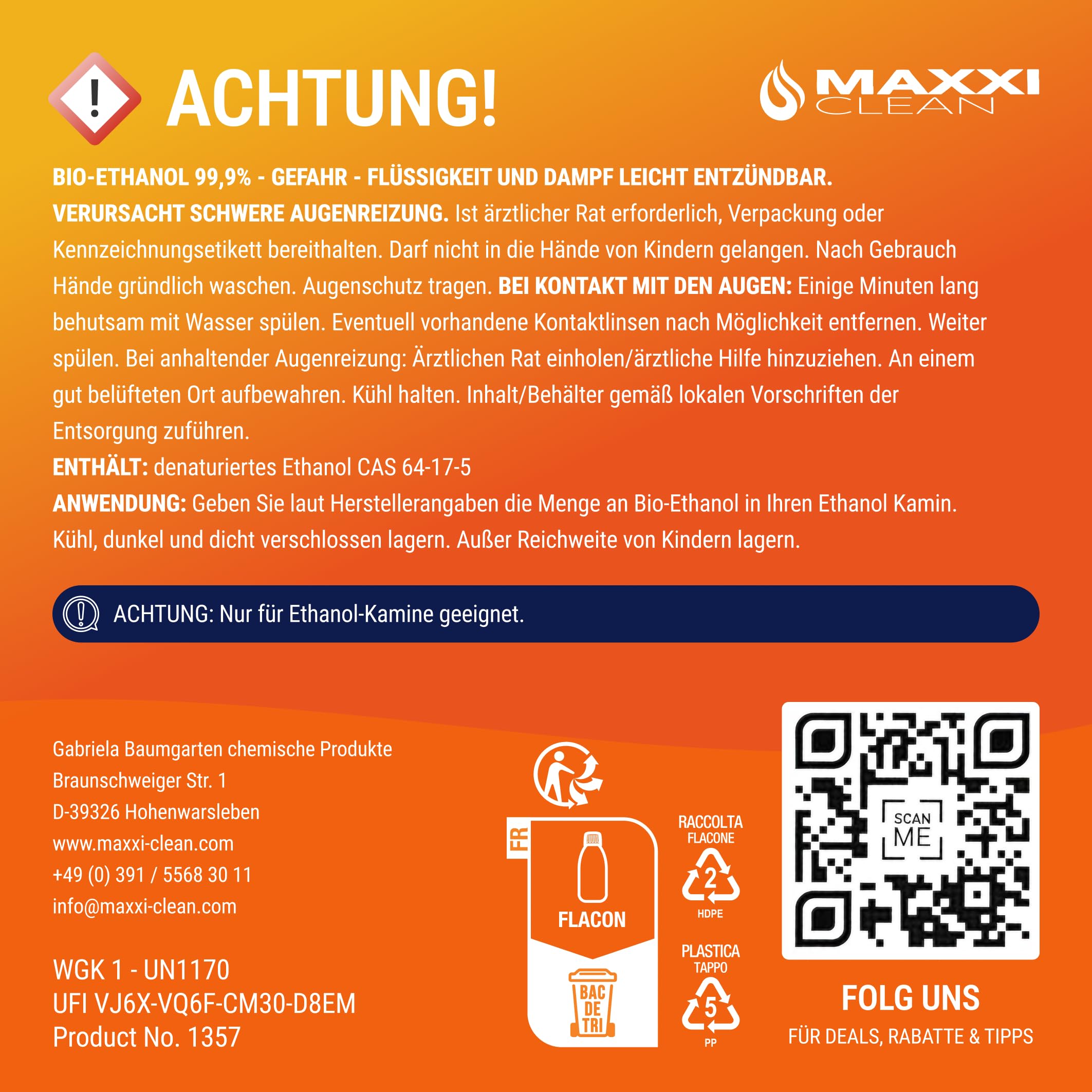 Maxxi Clean 6 x 750 ml bioetanolu do kominków stołowych, wyprodukowano w Niemczech, bezzapachowy i bez sadzy, do kominków etanolowych w pomieszczeniach i na zewnątrz, nadaje się do kominków pokojowych