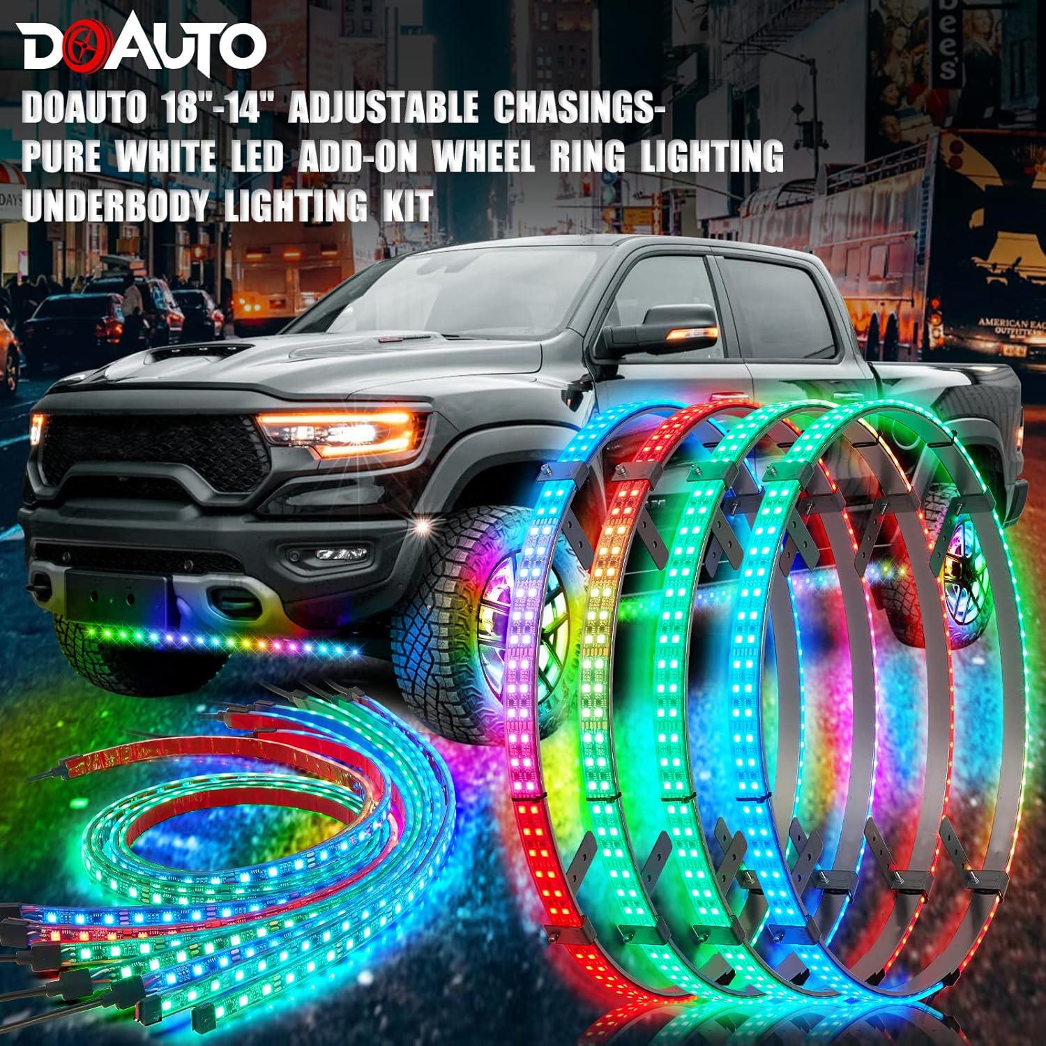 4X 18-14" 2-Row Wheel LED Chasings-White 6000K Turn Signal/Brake Rim Ring Light Kit RF/APP, 2-in-1 6X Neon Accent Underglow Strip Lights (12"≤ Rotor Brake Dia., 17"≤ Hub Inner Lip Dia.≤23")