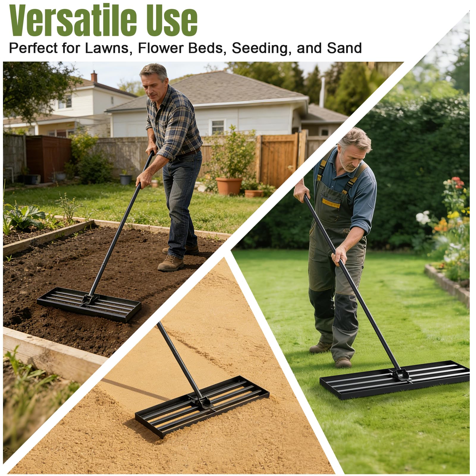 Rasenplanier-Rechen 76cm Verstellbarer Griff 119-196cm 180° Schwenkbarer Kopf Rostbeständiger Stahl