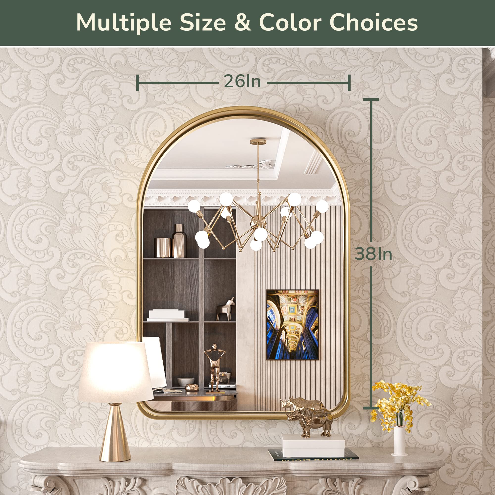 TokeShimi Gold Arch Bathroom Mirror 26x38 Inch with Non-Rusting Aluminum Alloy Brushed Matte Framed for Vanity Farmhouse Modern Minimalist Bathroom, Entryway Hall, Living Room, Bedroom