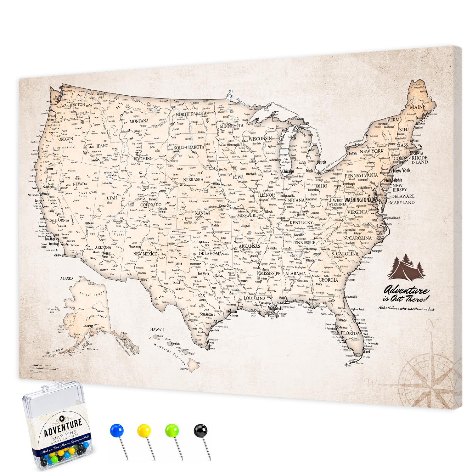 IPIC Vintage US Travel Map with Pins, Push Pin Travel Map USA, Size42x28 in